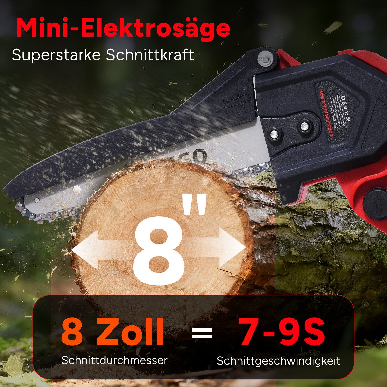 OUTIGO Akku-Kettensäge 8 Zoll Elektro-Kettensäge 800W Bürstenloser Handkettensäge, 22 cm Schwertlänge, 2*4 AH akkus, 3 Führungsstange+4 Sägekette, 800W, 3 Führungsstange, 4 Sägekette, Bürstenlosen Motor