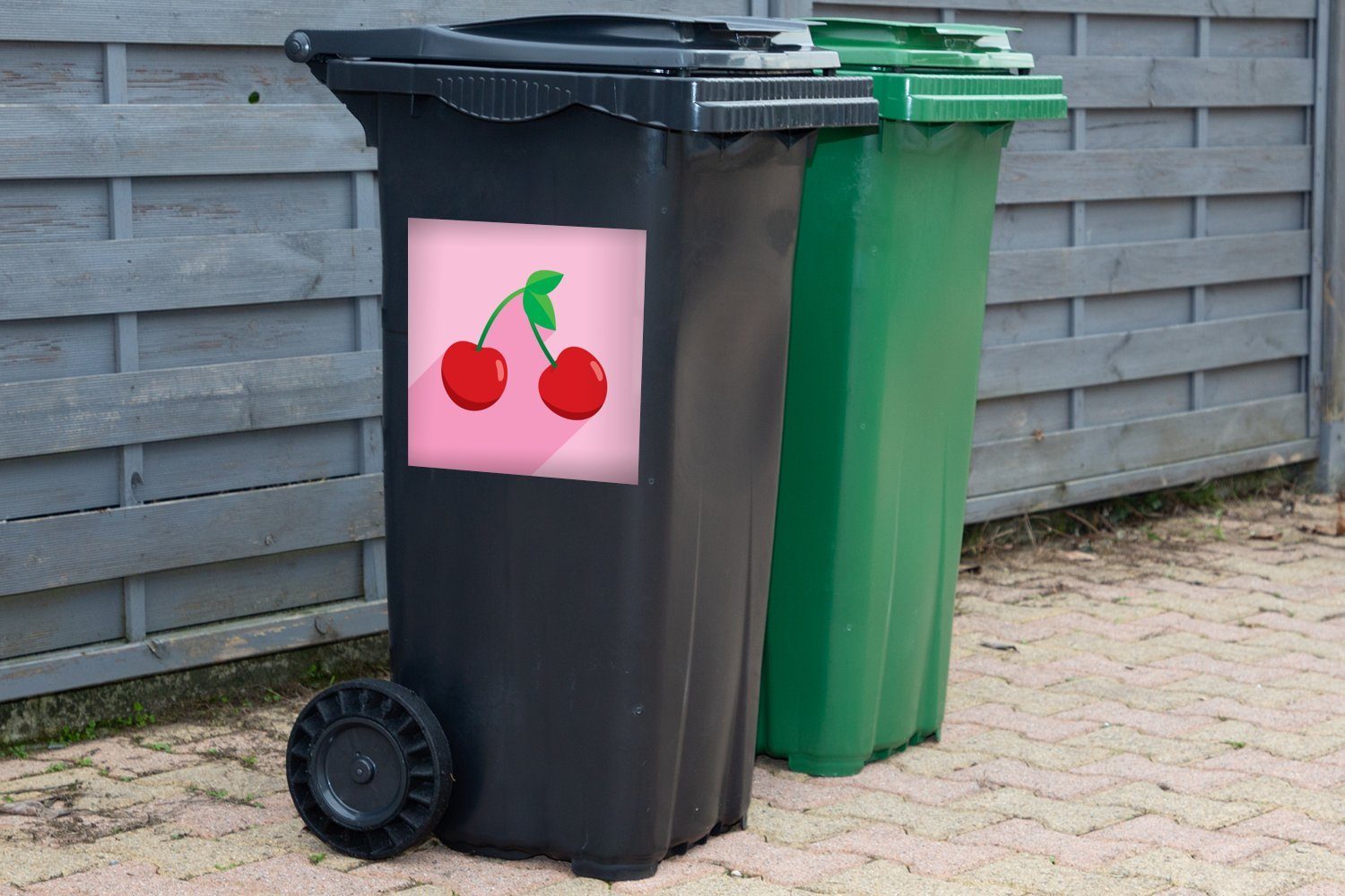 Kirschen auf MuchoWow Abfalbehälter Mülleimer-aufkleber, Hintergrund Mülltonne, Sticker, hellrosa (1 Wandsticker St), einem Container, zwei Illustration von