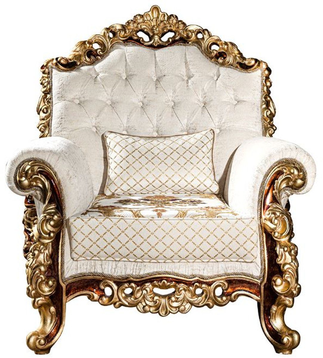 Casa Padrino Sessel Luxus Barock Sessel Weiß / Gold / Braun / Gold 78 x 75 x H. 120 cm - Prunkvoller Wohnzimmer Sessel mit dekorativem Kissen - Barock Möbel