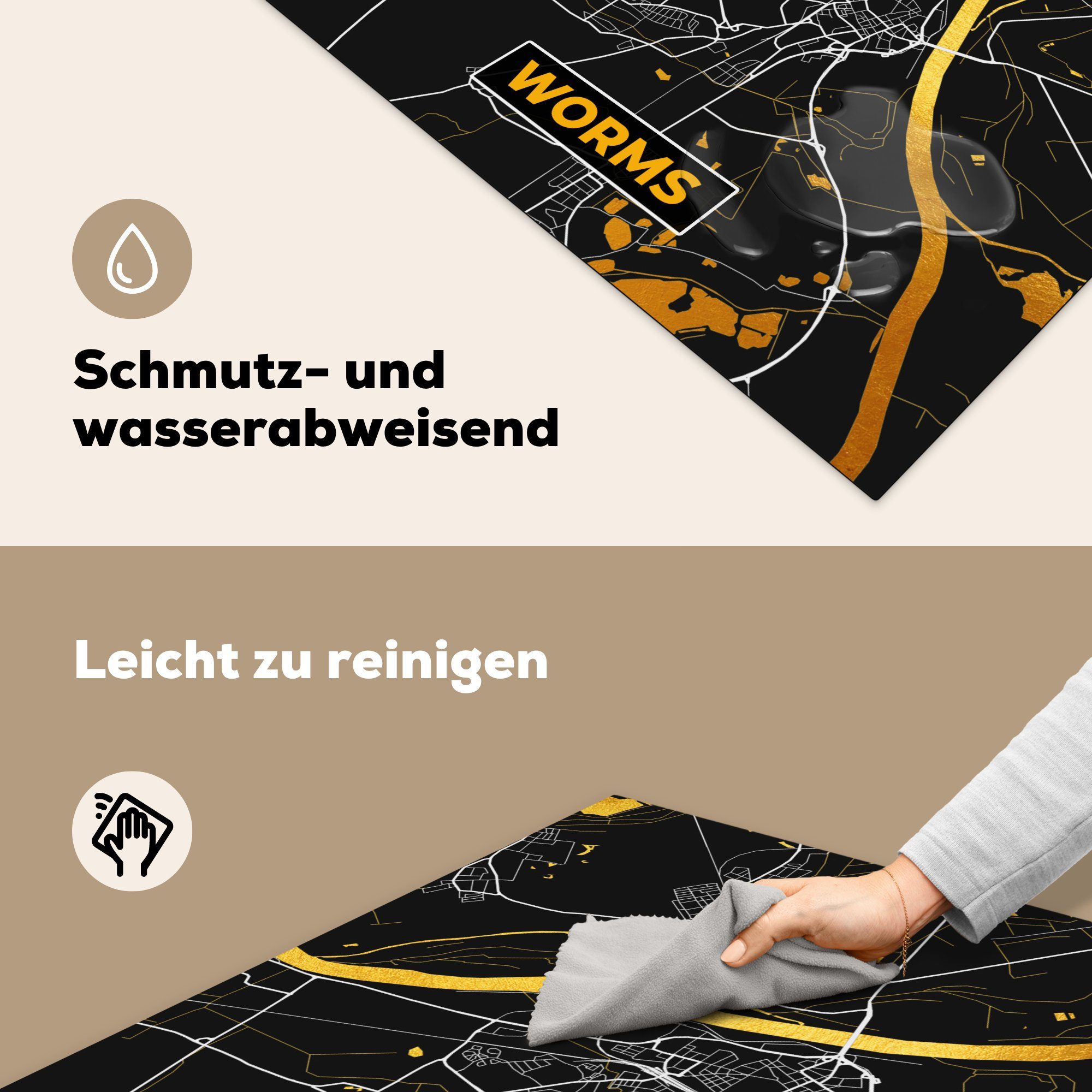 Karte, - Vinyl, Gold cm, küche (1 - für - Worms tlg), Herdblende-/Abdeckplatte Stadtplan Ceranfeldabdeckung, 78x78 - Deutschland MuchoWow Arbeitsplatte