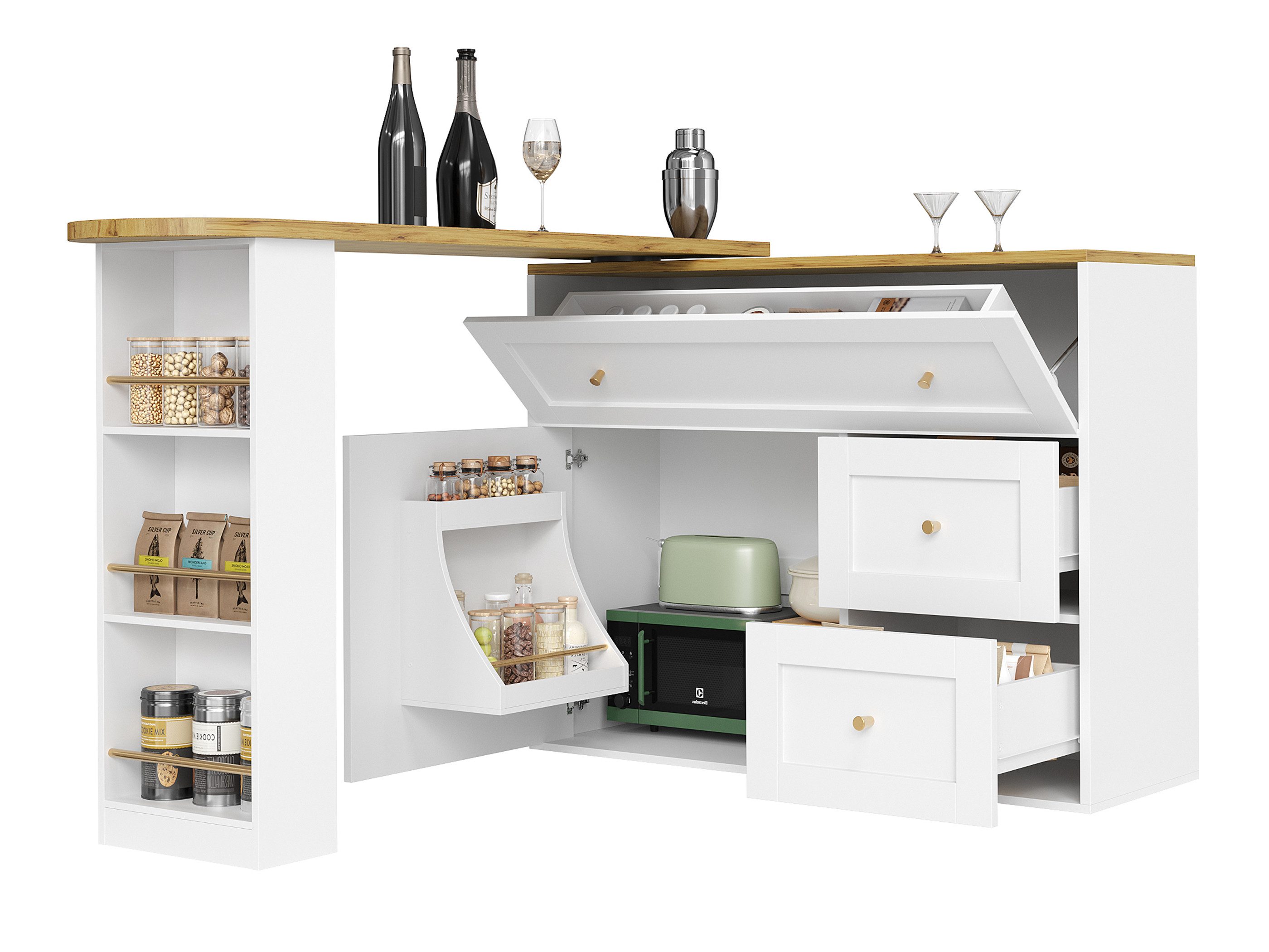 SeedWave Bartisch Ausziehbarer Küchentisch, 360° Drehfunktion, Barschrank mit Stauraum, Combo-Set, Stehtisch inkl. 3 Ablagen