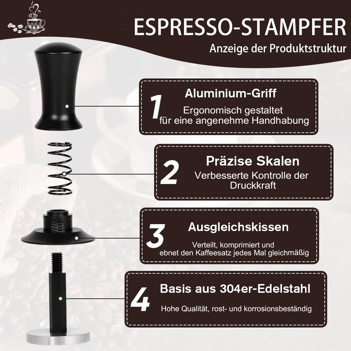 MOPUEA Tamper Kaffee Verdichter 58mm aus Edelstahl schwarz, Ergonomischer Griff für Komfort,58*99mm
