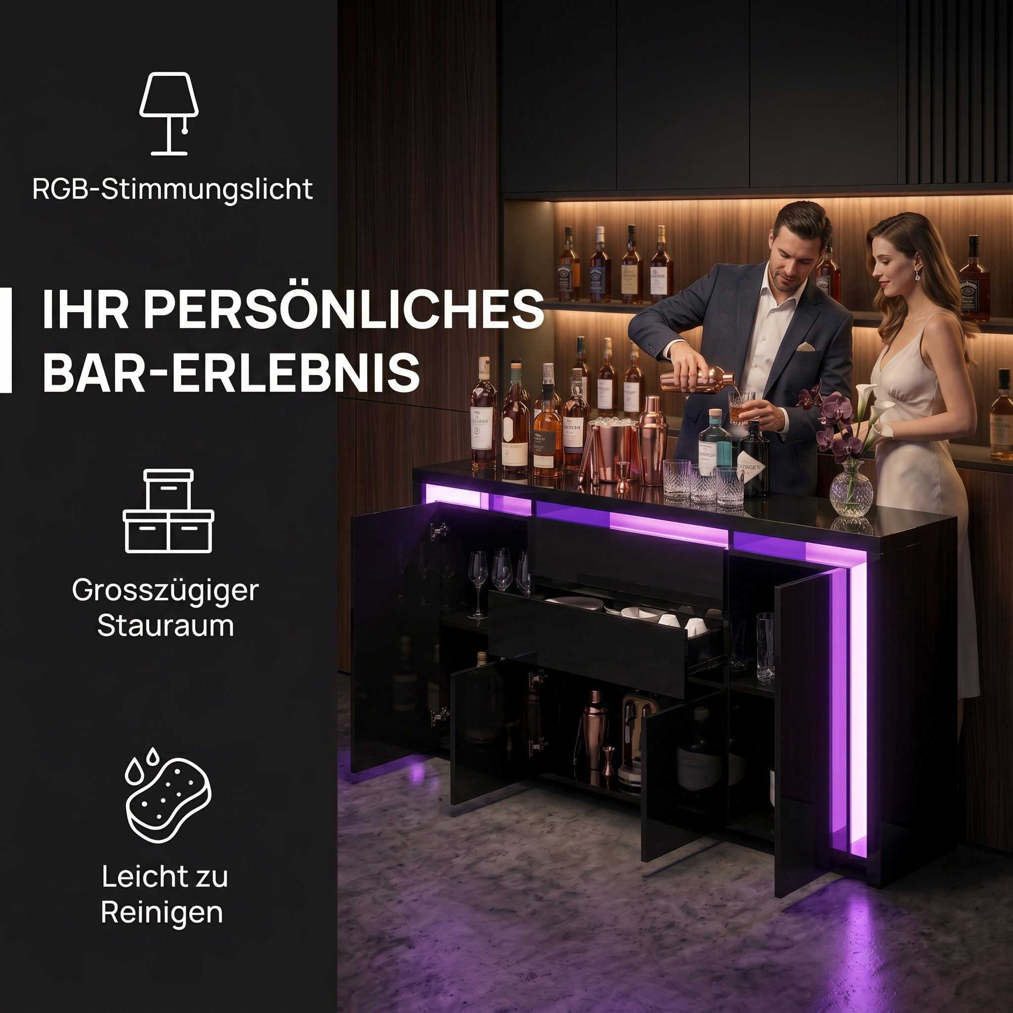 PXloue Kommode Hochglanz Sideboard (LED-Ambientebeleuchtung) Breite 160 cm, Beistellschrank mit 4 Fächern und 2 Schubladen( Push-to-open-Funktion)
