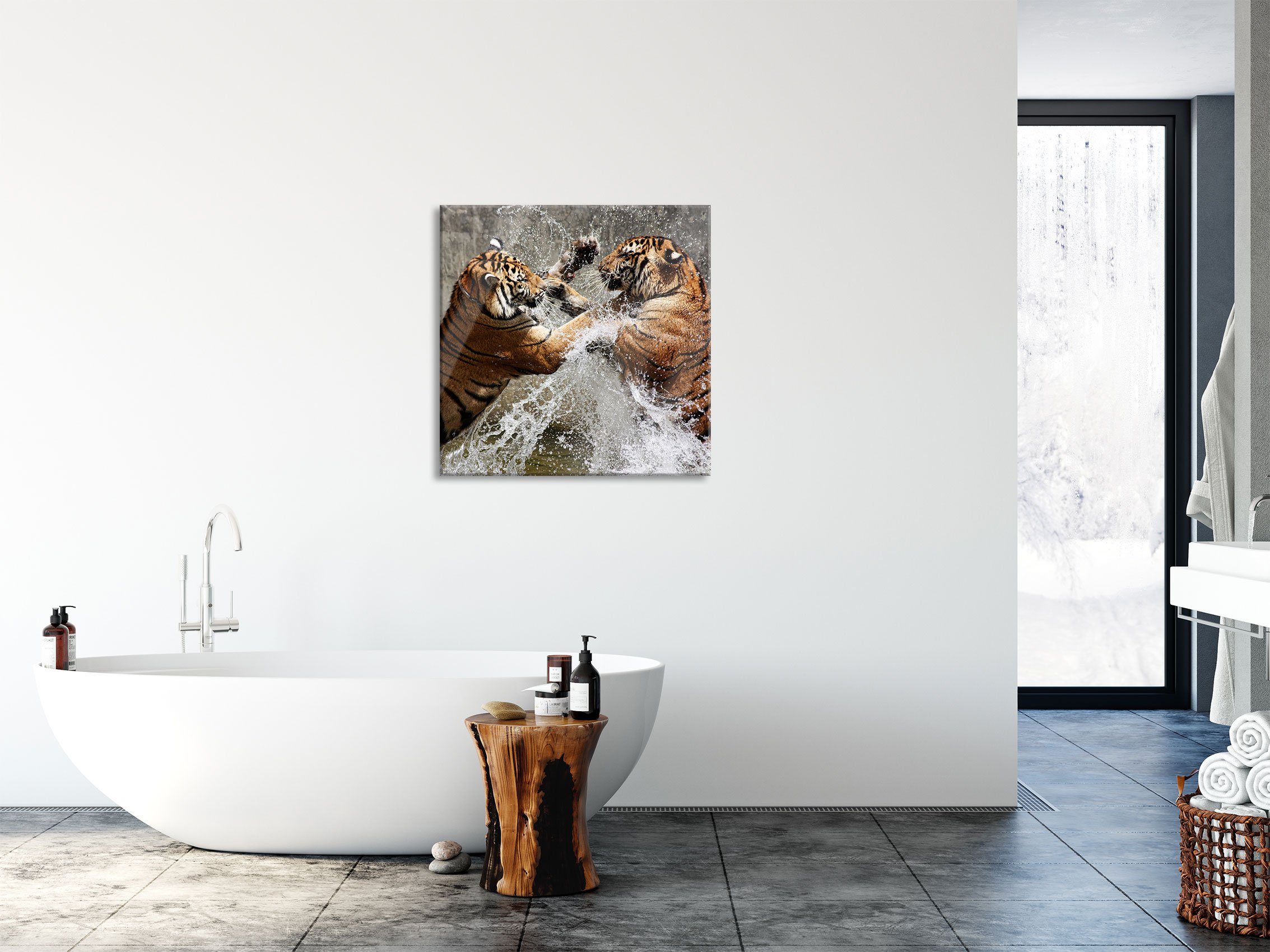 Pixxprint Glasbild Kämpfende im und aus (1 St), Echtglas, Glasbild im Kämpfende Wasser, Wasser Tiger Aufhängungen Tiger Abstandshalter inkl