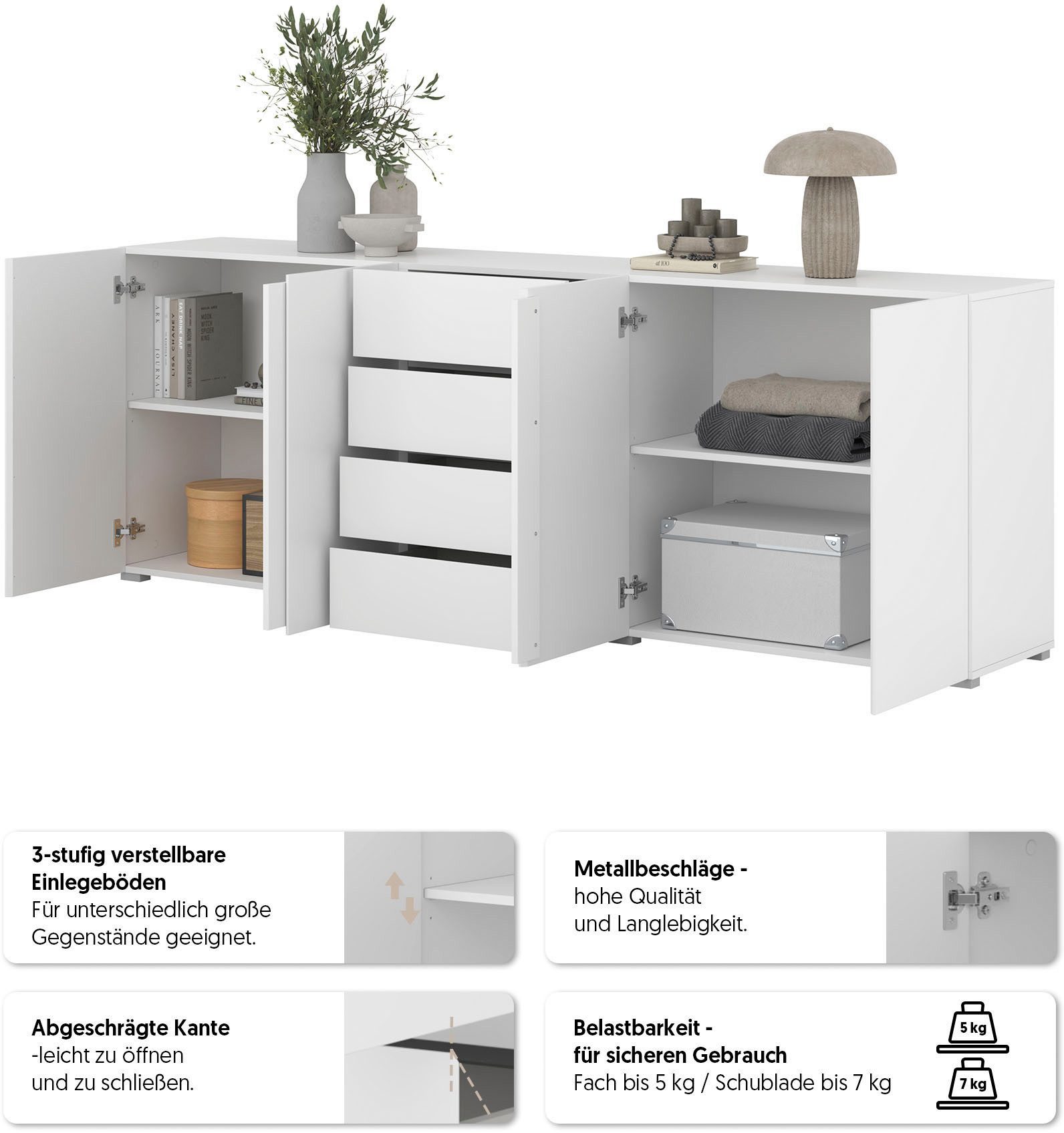 OTTO home Sideboard Metric,Breite 222 cm, grifflose Kommode 4 Türen/4 Schubkästen, Schubladenschrank mit viel Stauraum, Einlegeböden verstellbar