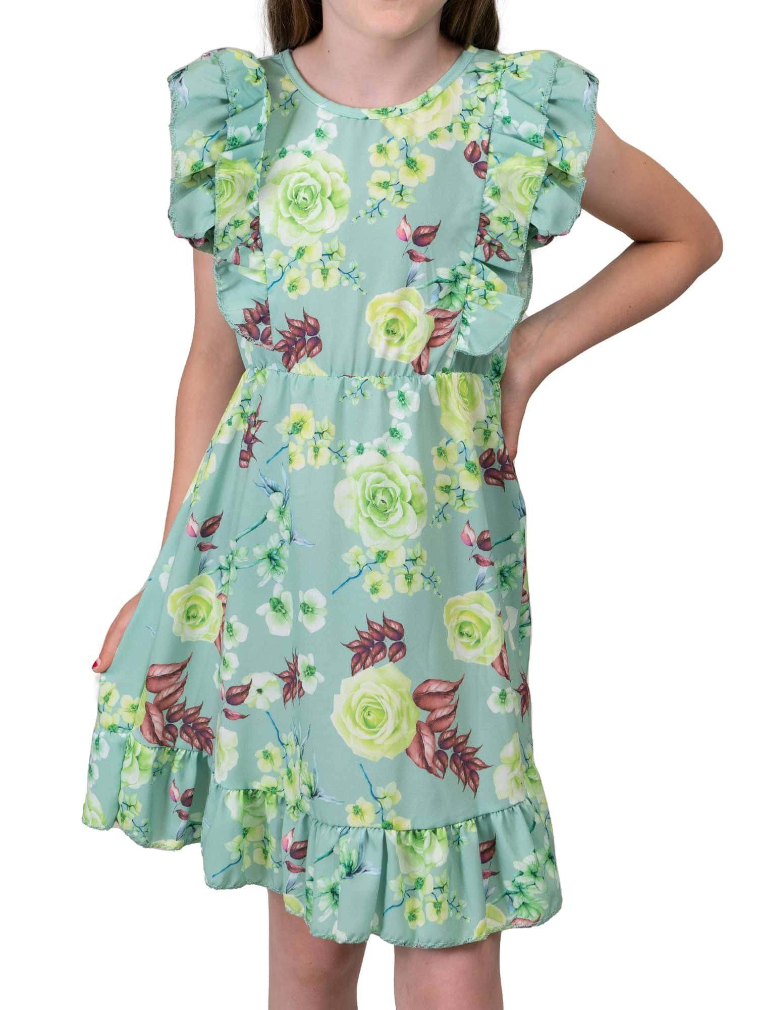KMISSO Jerseykleid Mädchen Kleid Rosenmotiv (1-tlg) bequem zu tragen Hellgrün