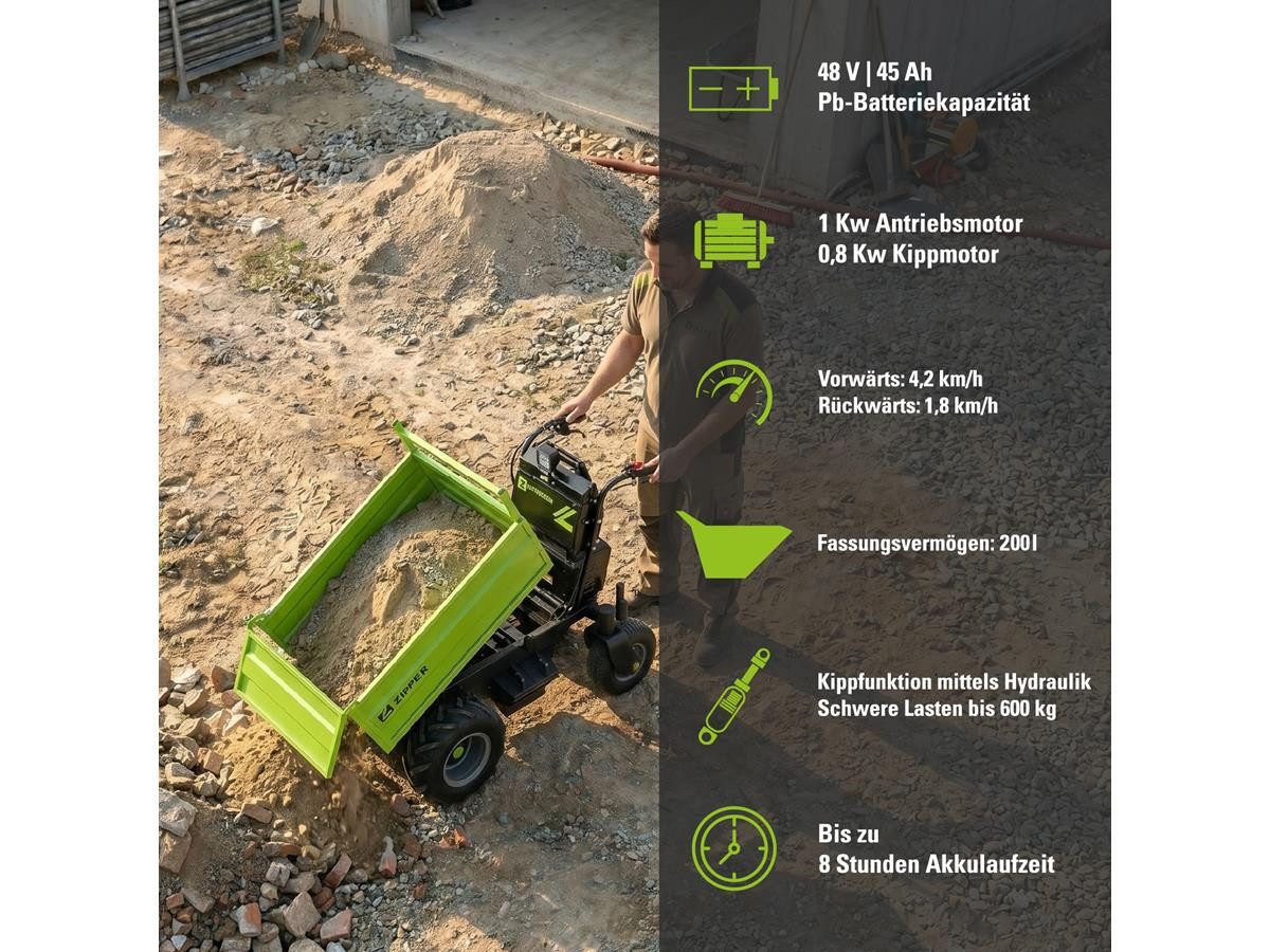 ZIPPER Dumper ZI-ED600, 220 l, Set, inkl. Batterie und Ladegerät, 600 kg Traglast, 200 l Fassungsvermögen