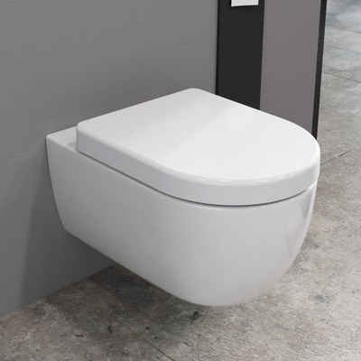 Aqua Bagno Tiefspül-WC Spülrandlose Toilette Wand-WC Inkl. abnehmbaren WC-Sitz Keramik weiß, Wandmontage, Abgang waagerecht