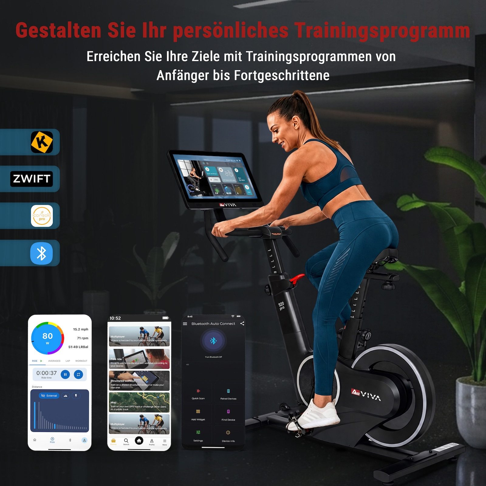 AsVIVA Speedbike S20 Indoor Cycle mit 21,5″ Touchdisplay, Auto-Widerstand per App, Automatischer Widerstand, 20 kg Schwungrad, Dual-Steuerung – Bild 5 von 5