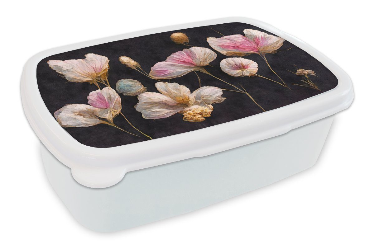 MuchoWow Lunchbox Blumen - Pflanzen - Rosa - Schwarz, Kunststoff, (2-tlg), Brotbox für Kinder und Erwachsene, Brotdose, für Jungs und Mädchen weiß
