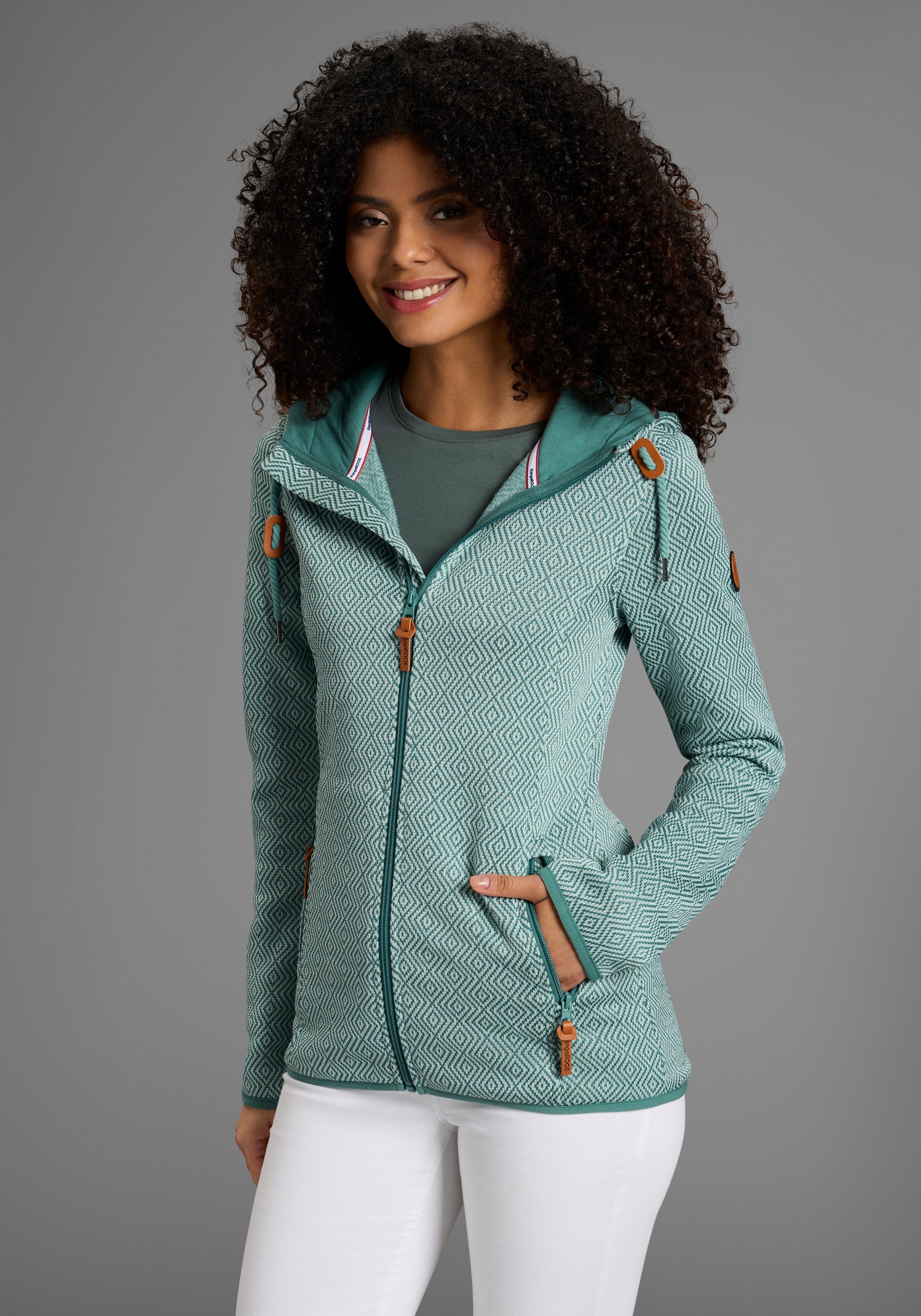 KangaROOS Fleecejacke gemusterte Struktur, hüftbedeckende Länge Kapuze Flee günstig online kaufen