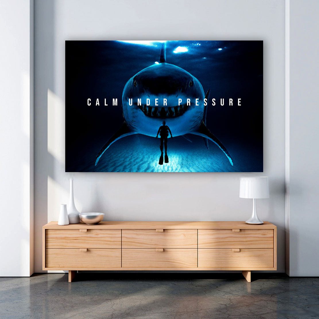 Artedinoi Leinwandbild Hai Calm Under Pressure Dark Leinwandbild Wandbild XL Deko, Hai mit Zitat