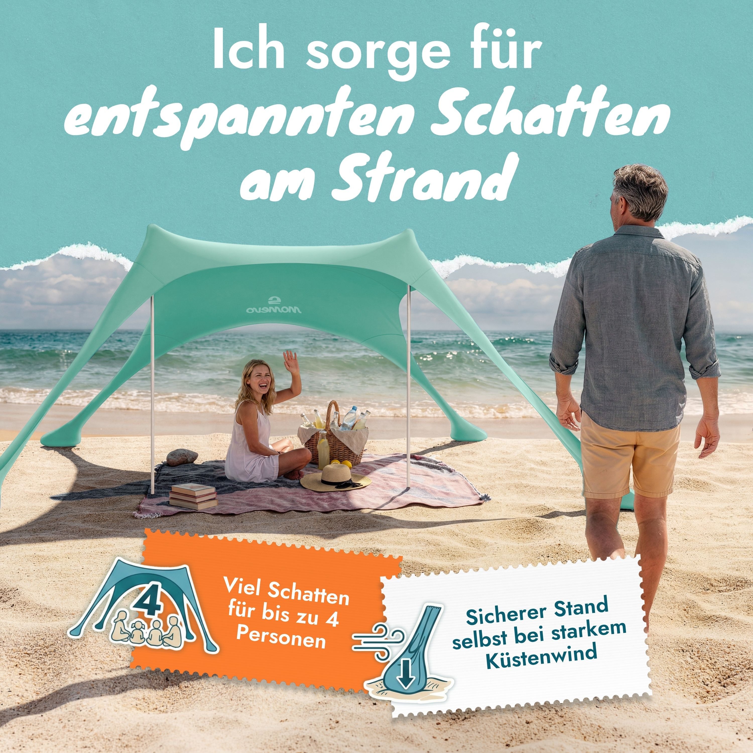 Momevo Strandmuschel Strandzelt mit UV Schutz 50+, zertifiziert für Kinder, Baby, Familien, Personen: 4