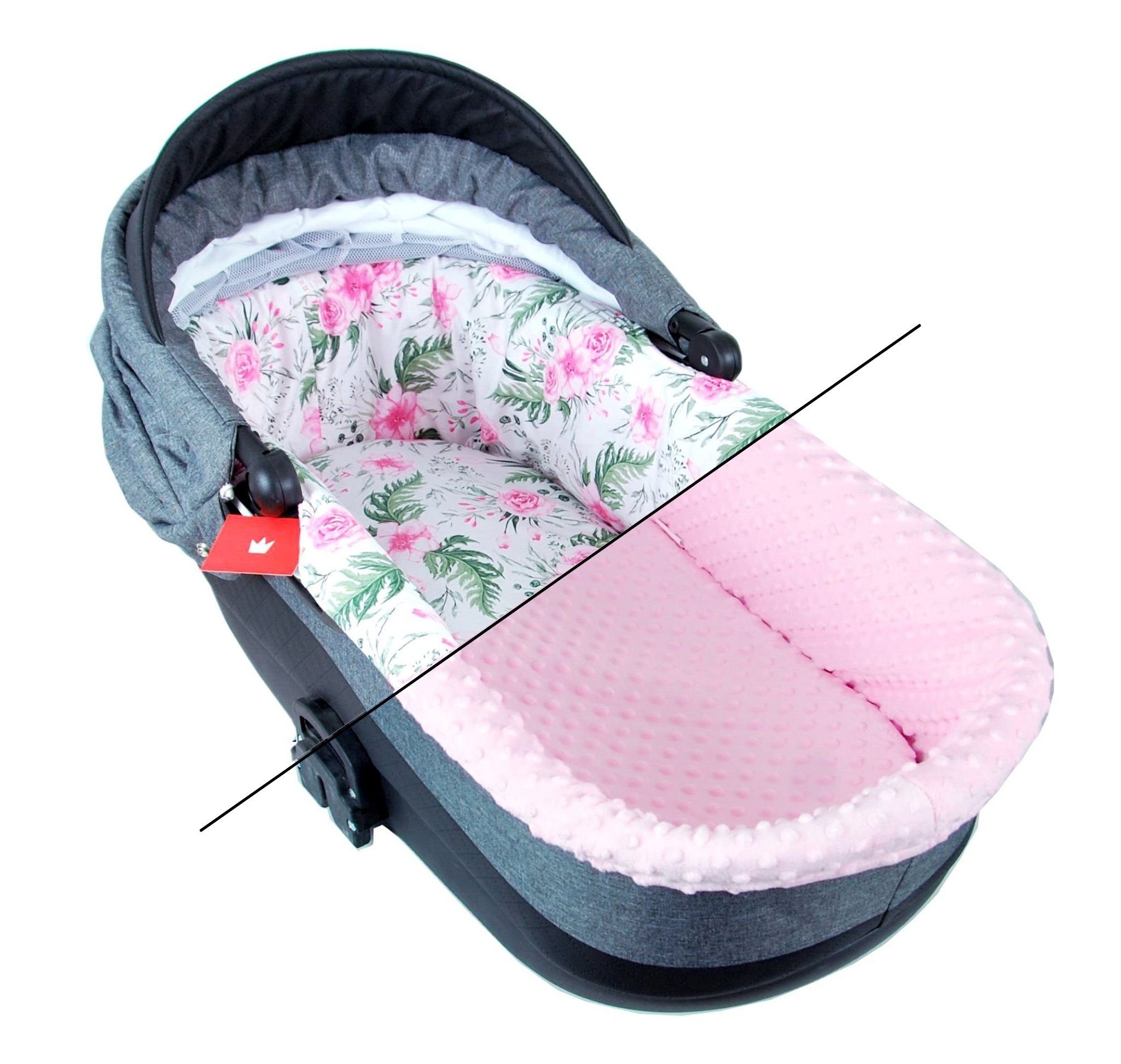 BabyLux Kinderwagen-Bezug BABYLUX Nestchen für Kinderwagen BABYWANNE + Matratze 2 Tlg Set, W13 - Rosa + Blumen