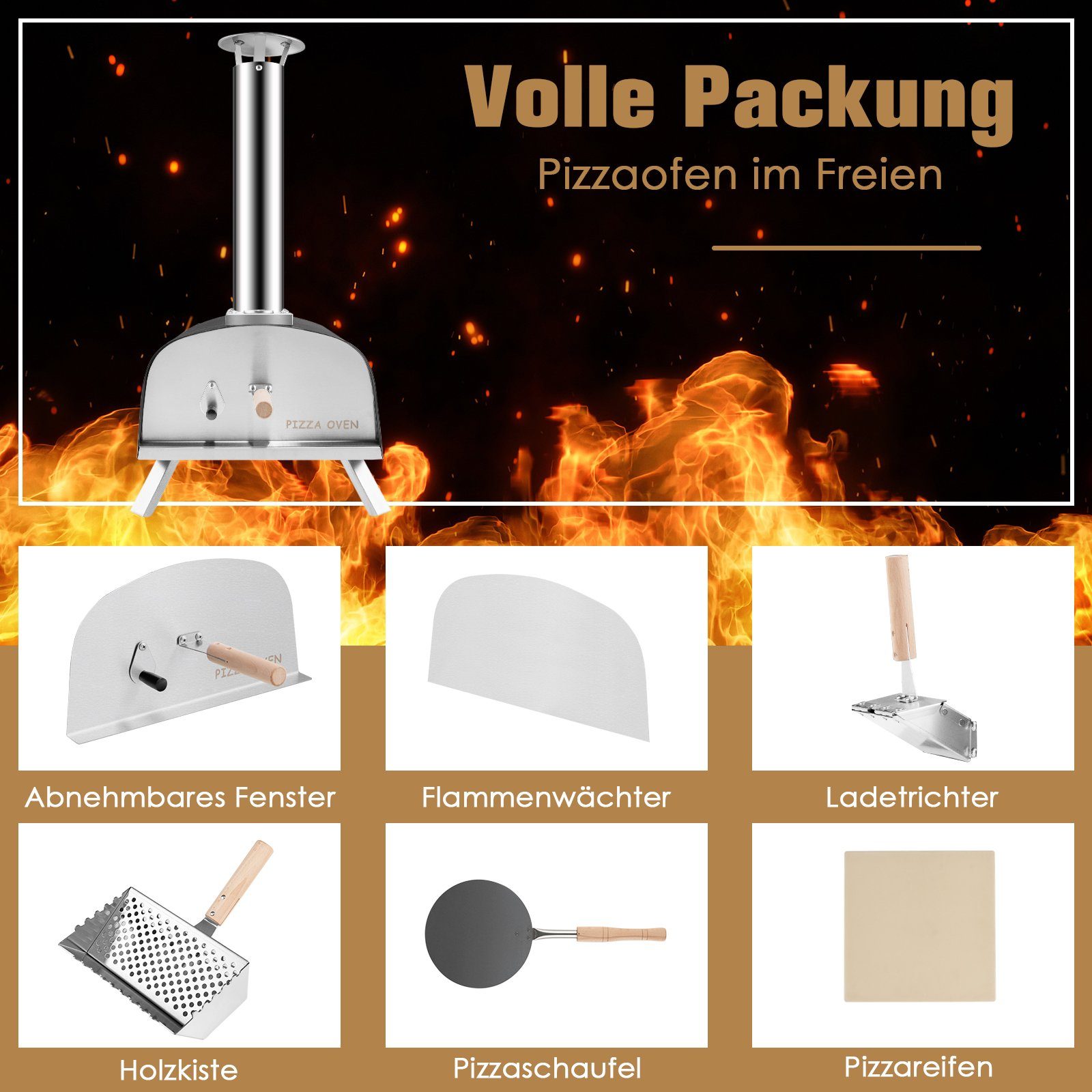 COSTWAY Pizzaofen, inkl. Pizzaschieber & Pizzastein, Holz, bis zu 450 °C