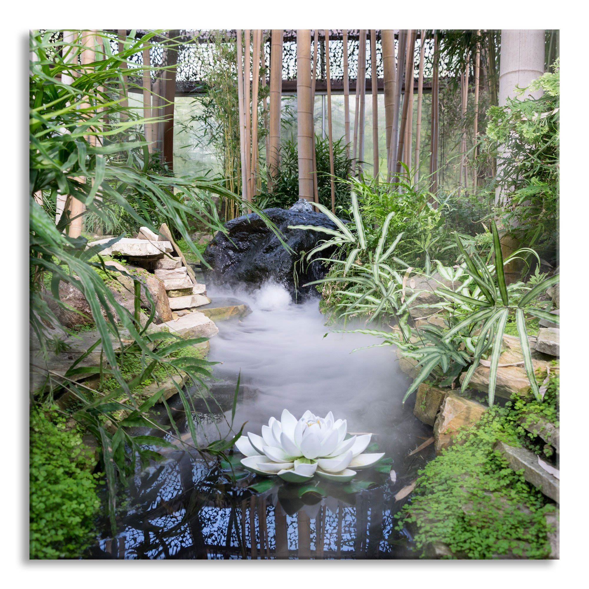 Glasbild St), Zen Abstandshalter Pixxprint Japan, inkl. Echtglas, Zen Japan und Garten Glasbild (1 Garten Aufhängungen aus