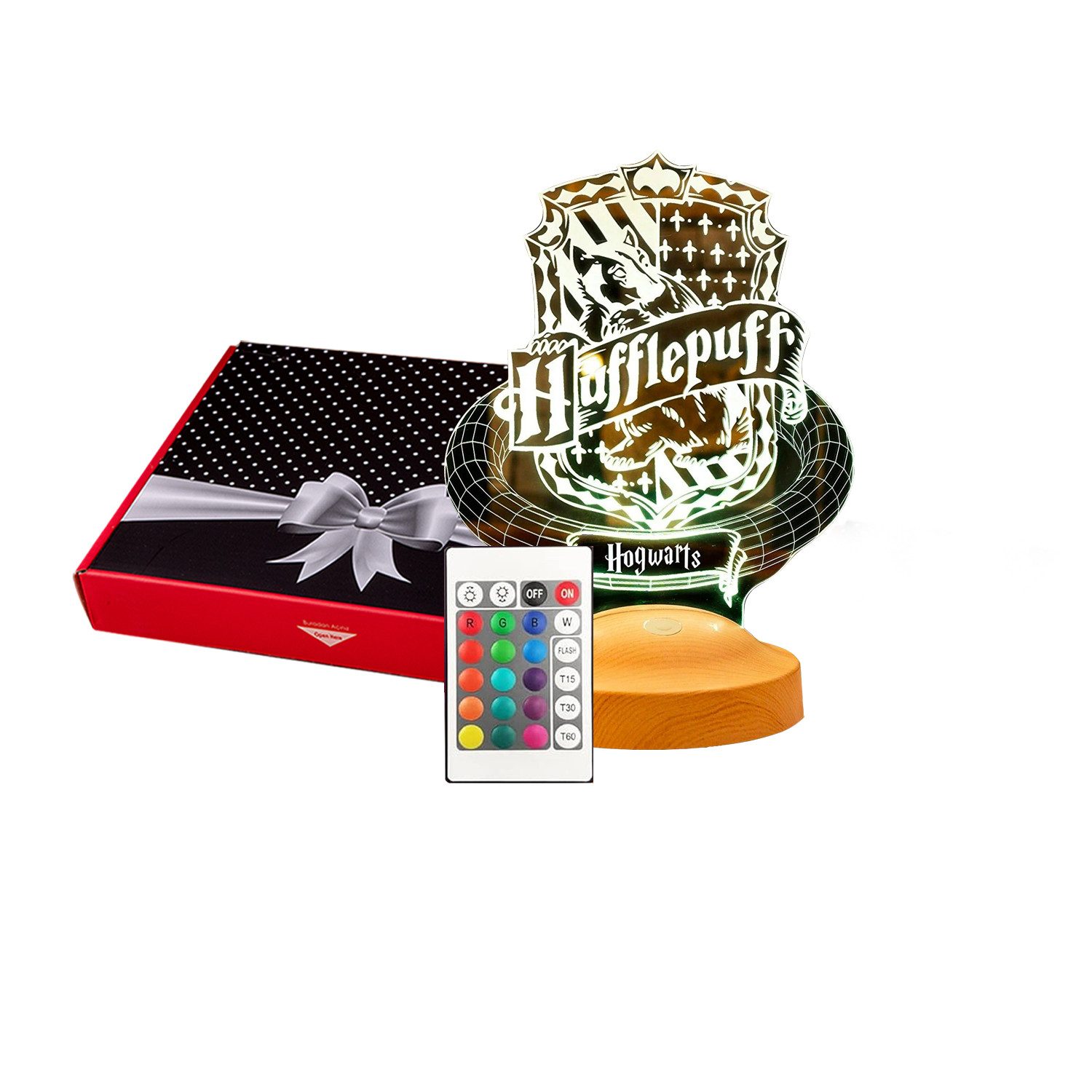 Geschenkelampe LED Nachttischlampe Hufflepuff Hogwarts Harry Potter 3D Nachttischlicht Geschenke Lampe, Leuchte 7 Farben fest integriert, Geburtstagsgeschenk für Freunde, Mädchen, Jungen, HP Fans