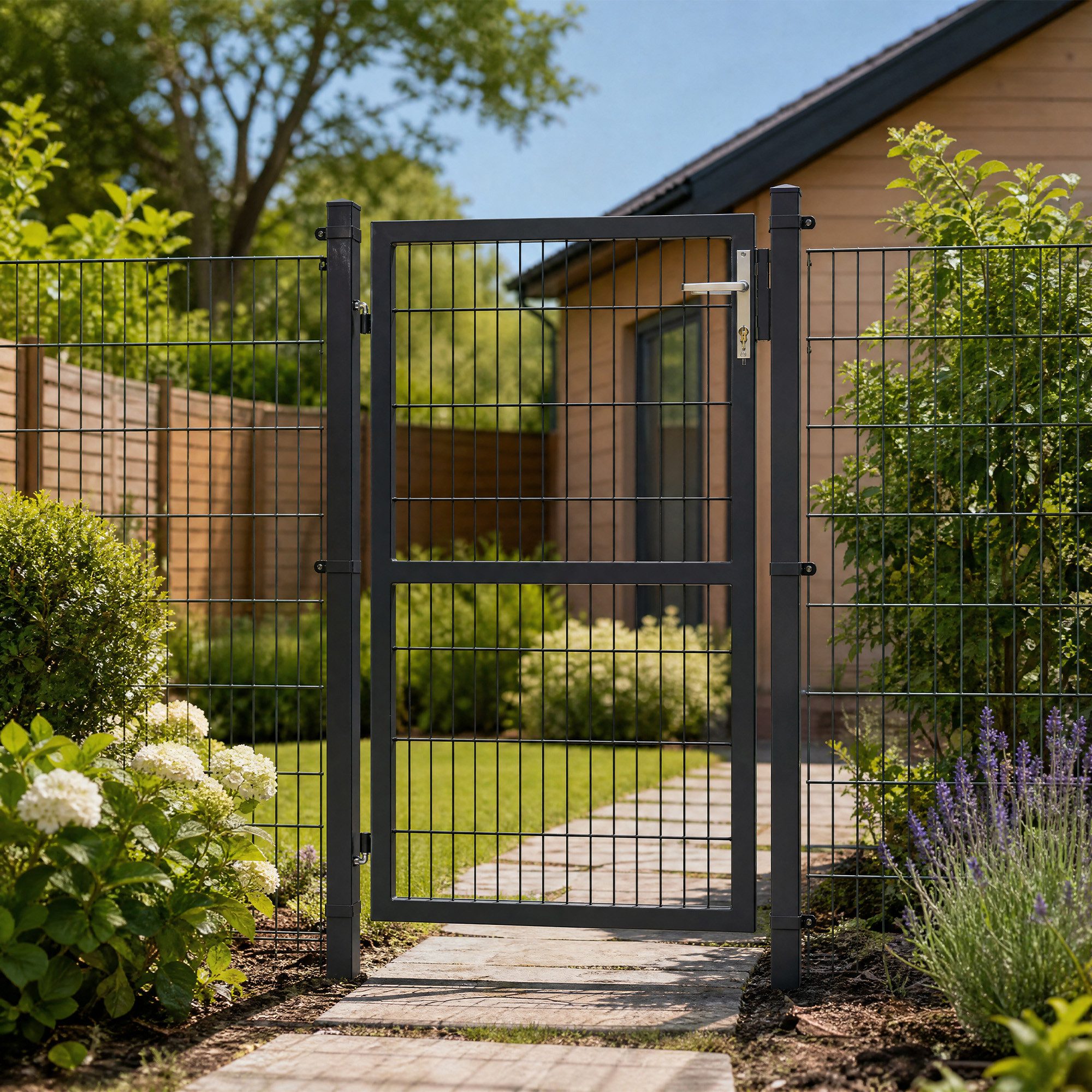 SONGMICS Gartentor Gartentür Zauntür Zauntor Gartenzaun mit Schloss, verzinkter Stahl, abschließbar, Tür 106×100/125/150/160/180cm (B×H)