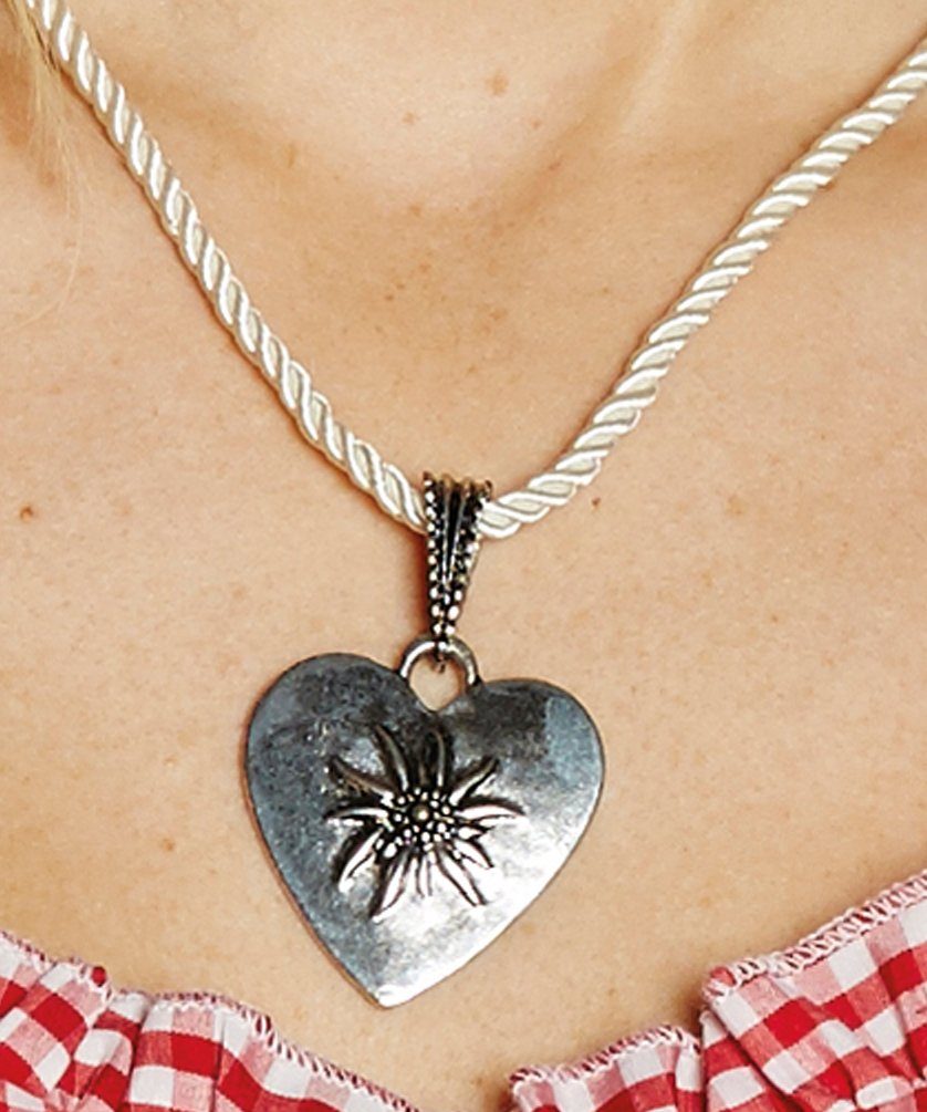 Karneval-Klamotten Trachten-Kostüm Oktoberfest Halskette Edelweiss-Herz weiß, Accessoires für Oktoberfest Bayer Tiroler Party Bierfeste