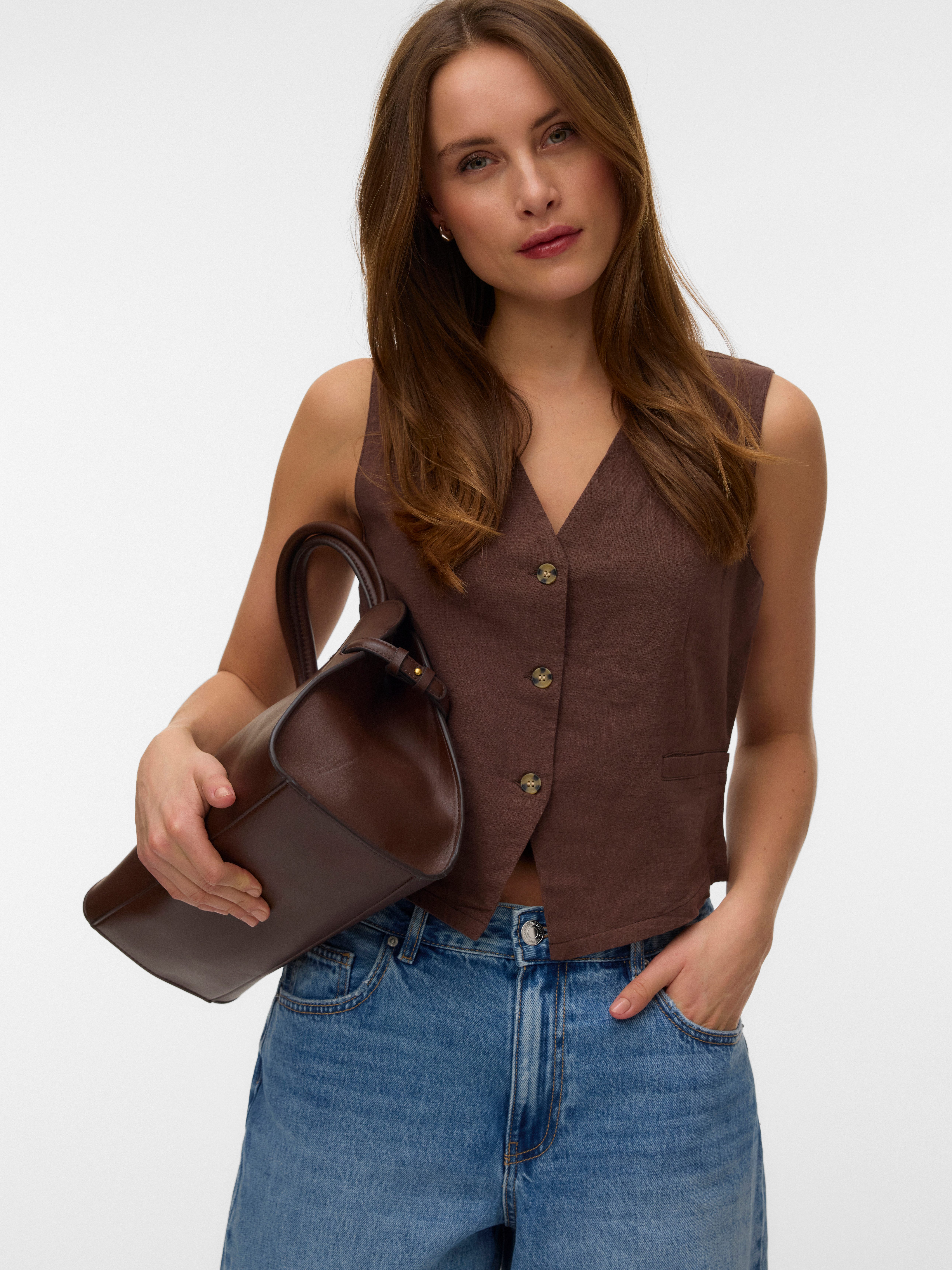 Vero Moda Kurzweste VMCAIA SL VEST WVN NOOS Baumwolle mit Leinen, figurbeto günstig online kaufen