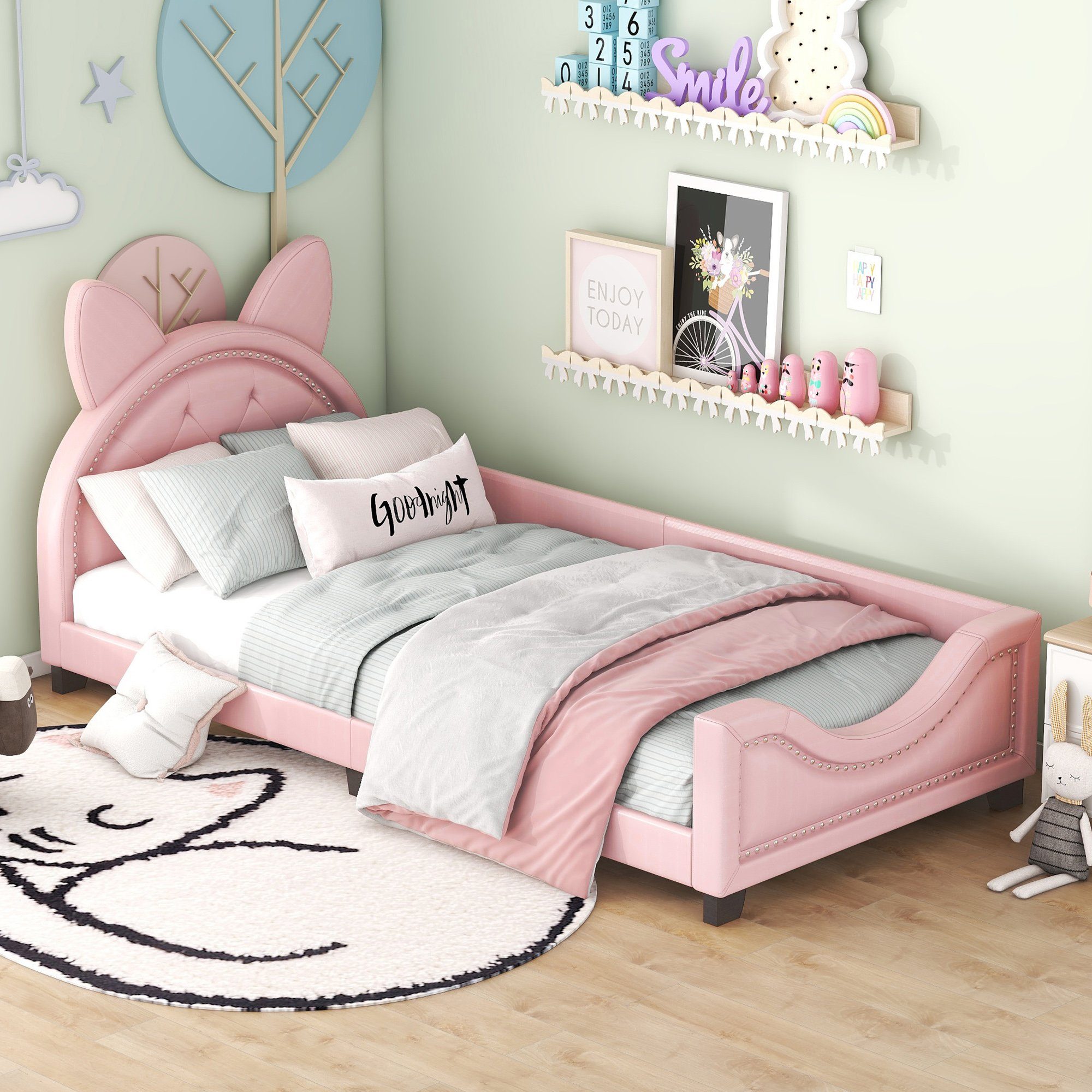 Merax Einzelbett Lattenrost, Katzenkopf-Kopfteil Rosa 90x200cm, Polsterbett mit Kinderbett und Funtonbett,