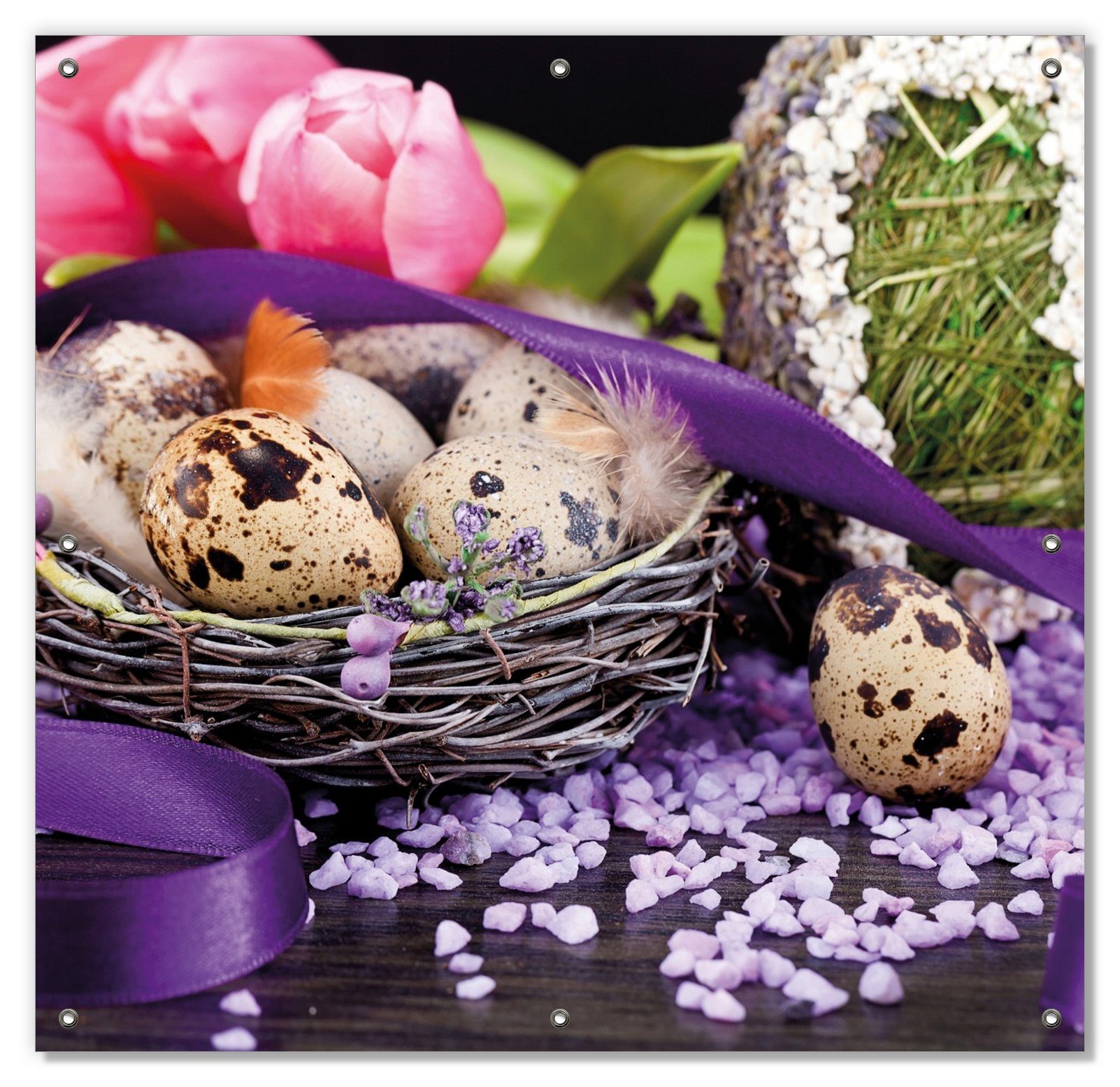 Wallario Sonnenschutz Ostern - Stillleben II - Bunte Eier, Herzen und Tulpen, blickdicht, mit Saugnäpfen, wiederablösbar und wiederverwendbar