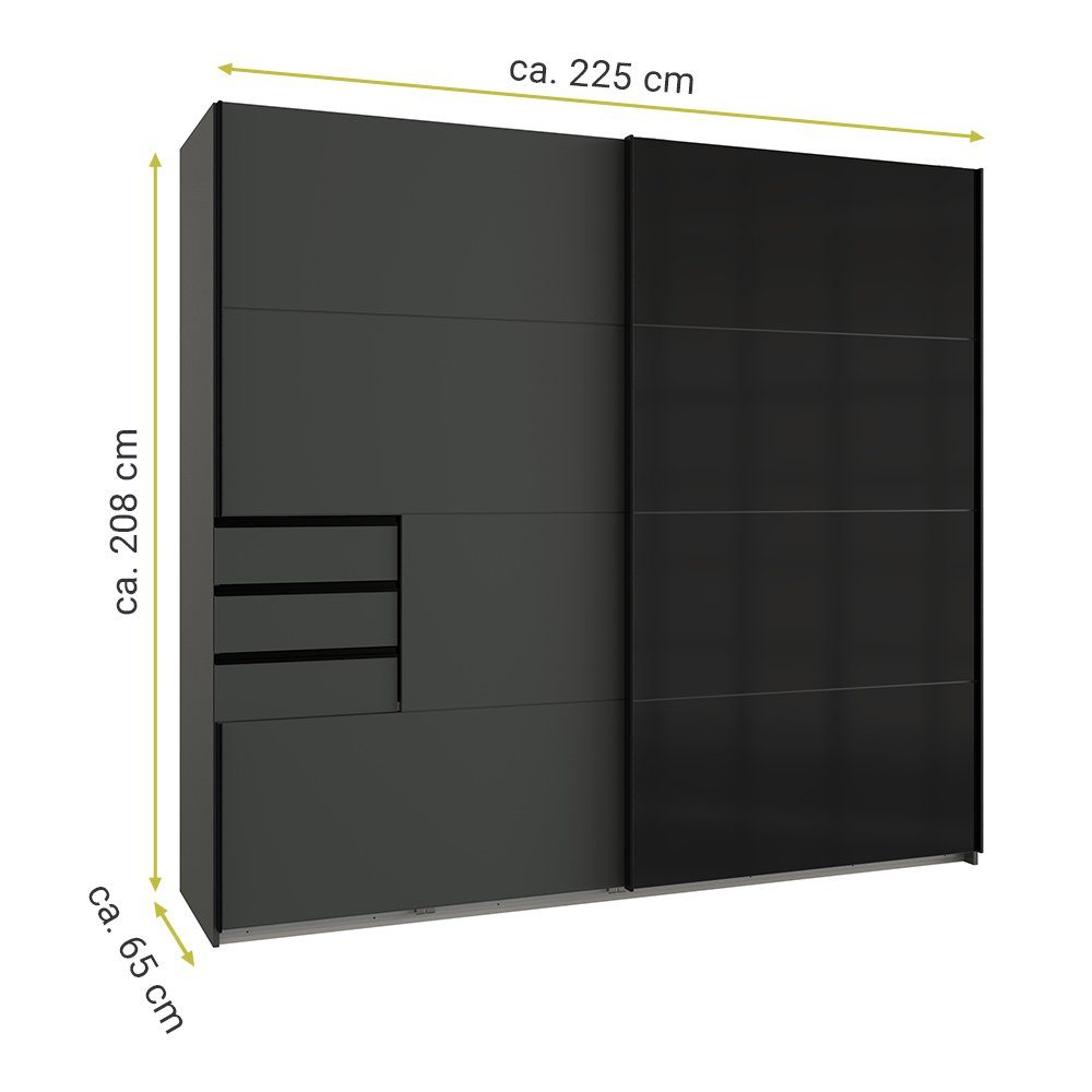 Glasfront, 2-türig grau cm mit Lomadox schwarzer ca. Schwebetürenschrank 225/208/65 BRIXEN-43 B/H/T in