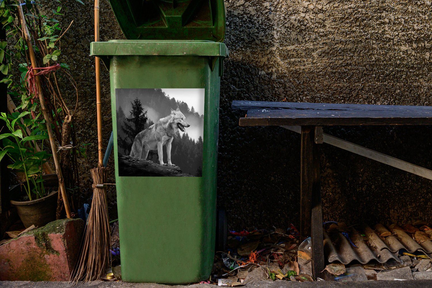 MuchoWow Wandsticker Wolf St), Wald - Container, - Mülleimer-aufkleber, (1 Sticker, - Abfalbehälter Schwarz Mülltonne, Weiß