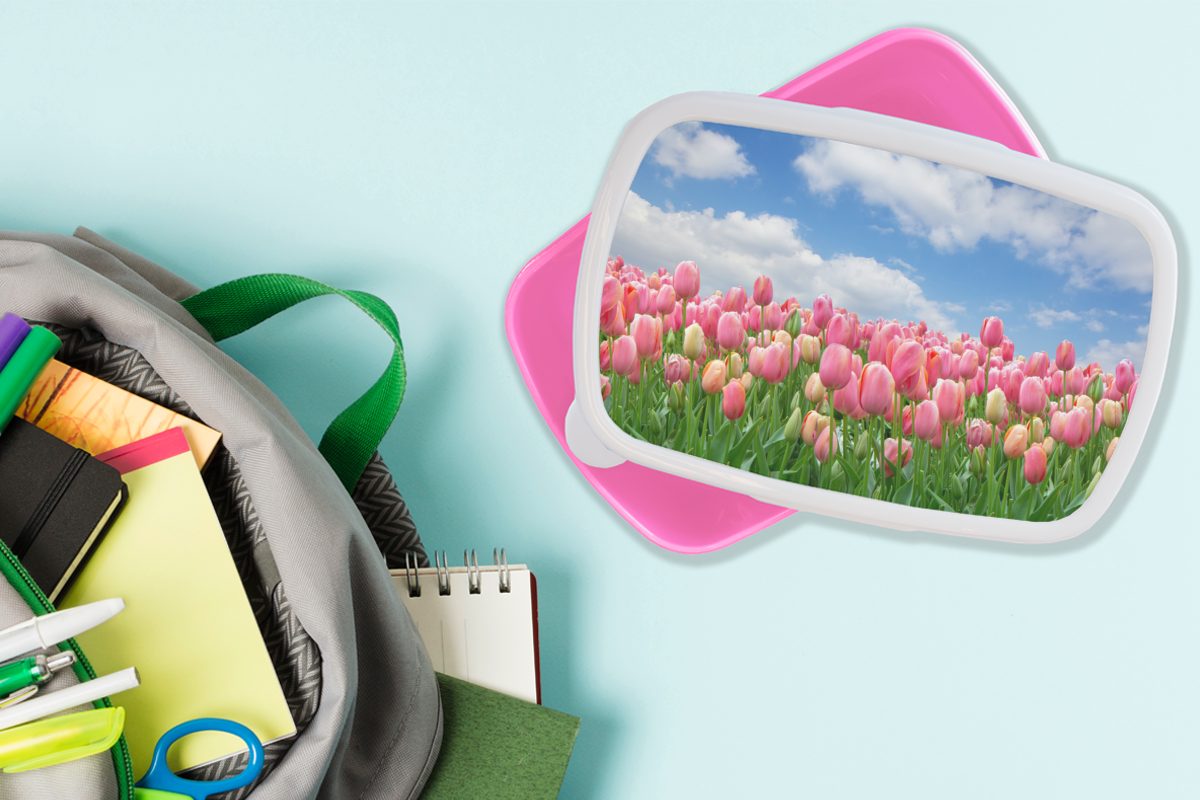 MuchoWow Lunchbox Farben Frühling, Mädchen, für Brotbox Brotdose Tulpen Snackbox, Kinder, (2-tlg), Erwachsene, - Kunststoff rosa - Kunststoff