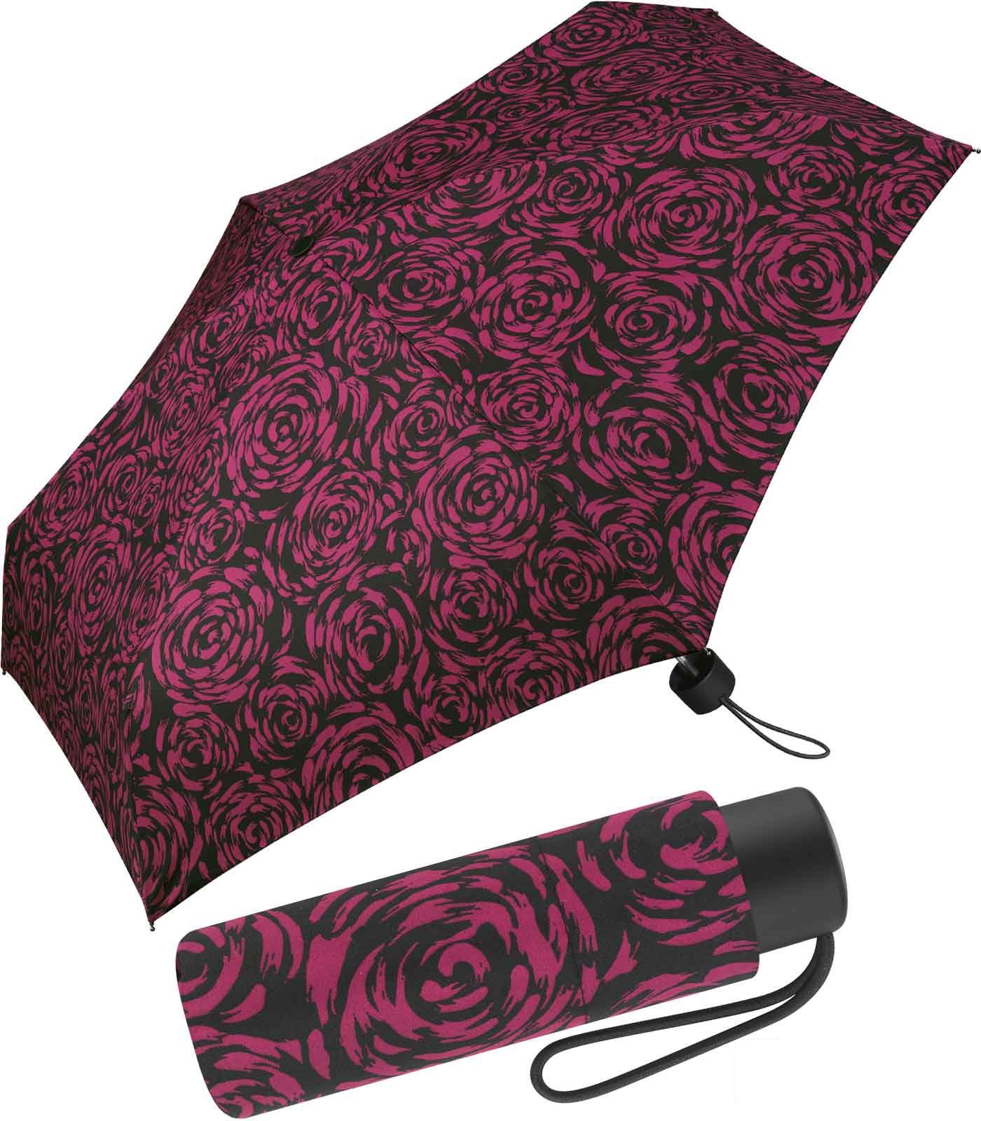 Pierre Cardin Taschenregenschirm mit mit Rosenblütenmalerei winziger wunderschöner Handöffner, bordeaux Damen-Taschenschirm