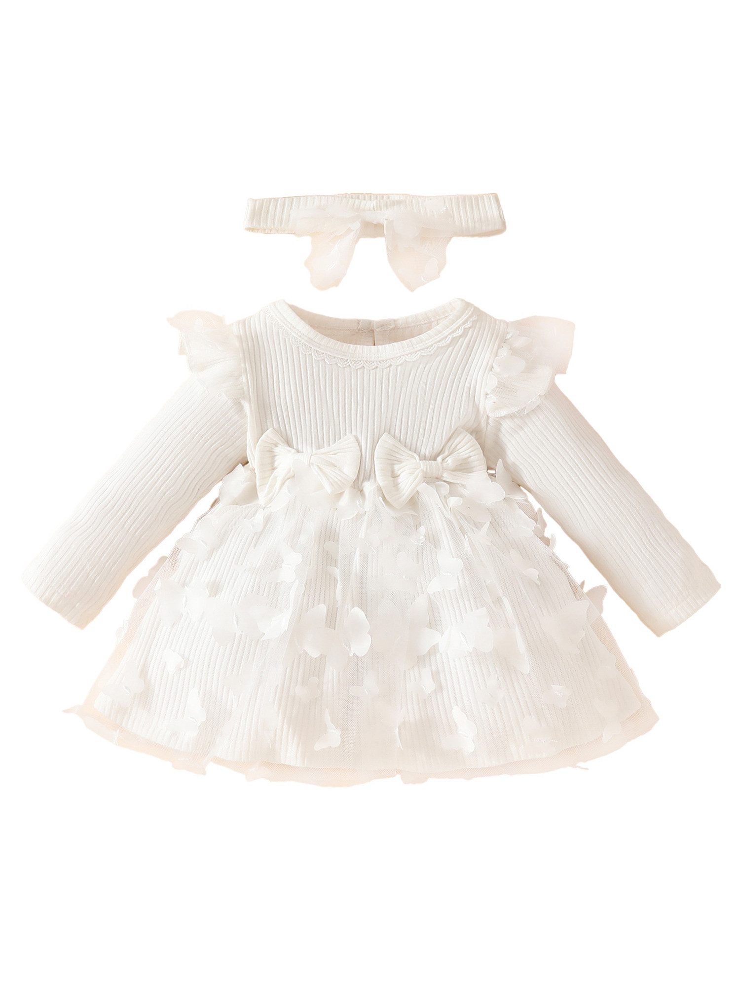 Lapastyle Partykleid Baby-Mädchen Langarm Netzkleid & Stirnband, Einfarbig A-Linien-Kleid (Set, 2-tlg) Partykleid aus Strick mit Schmetterlings-Patch, Baby Freizeit Outfits