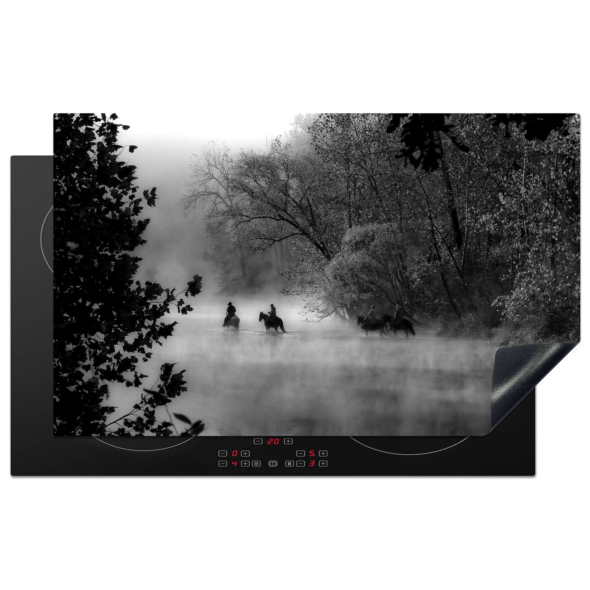 MuchoWow Herdblende-/Abdeckplatte Pferde - Nebel - Wald, Vinyl, (1 tlg), 83x51 cm, Ceranfeldabdeckung, Arbeitsplatte für küche