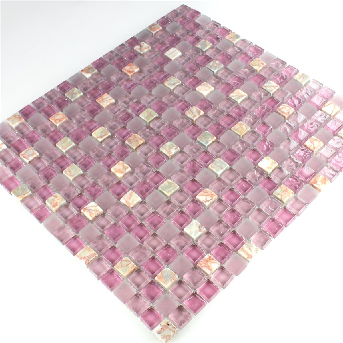 Mosafil Mosaikfliesen Glas Naturstein Marmor Bengali Rosa Beige, Naturstein-Glas 32.200x30.500, weiß-beige-rosa, Verlegefertig auf ein Netz geklebt - Frostsicher - Wasserfest