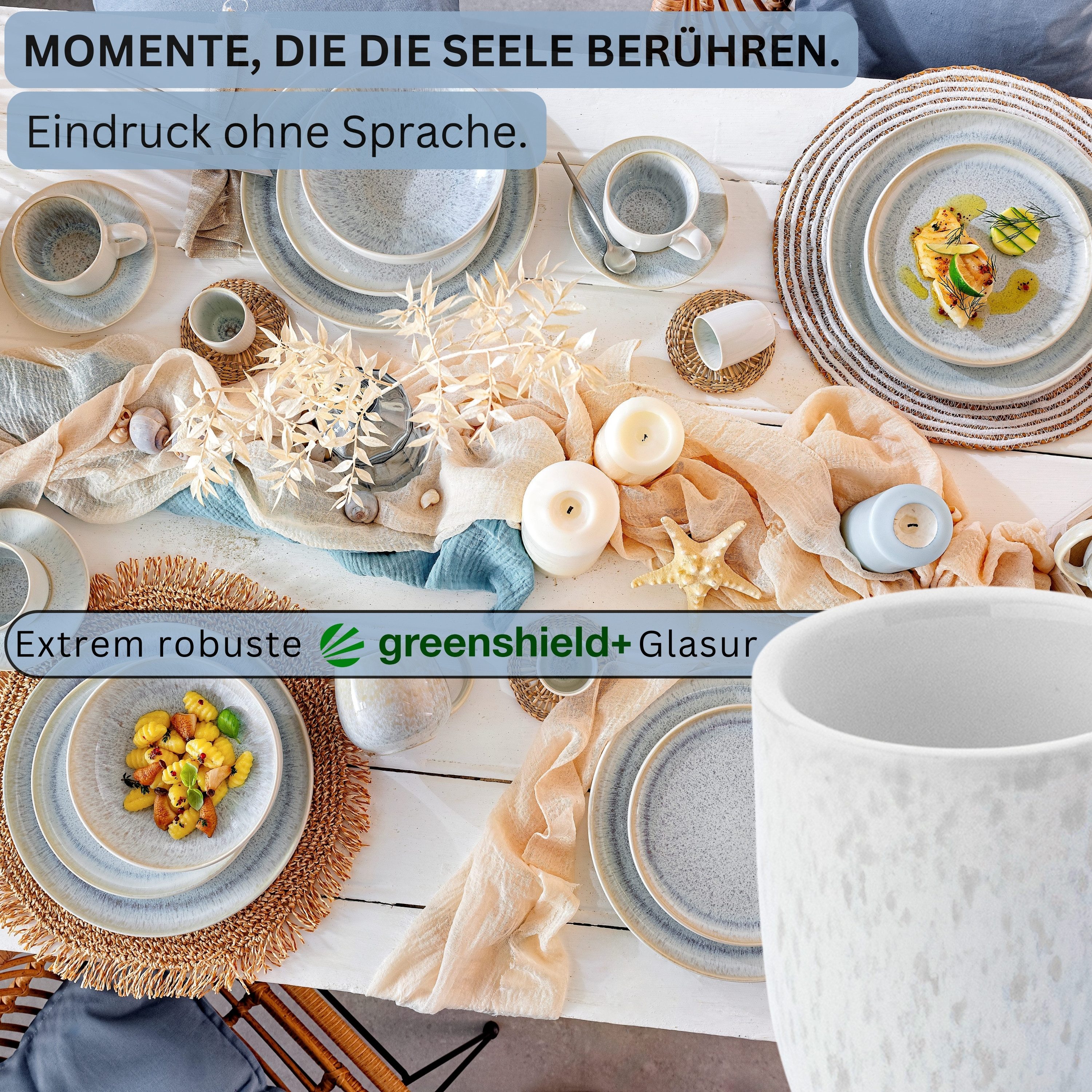 SÄNGER Becher Santorini Espressobecher Set (4-teilig), 4-tlg., Steingut, Cremefarben mit Flieder Blauem Verlauf, Hnadmade, Premium Collection