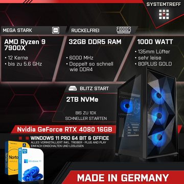 SYSTEMTREFF Gaming-PC (AMD Ryzen 9 7900X, GeForce RTX 4080, 32 GB RAM, 2000 GB SSD, Wasserkühlung, Windows 11, WLAN)