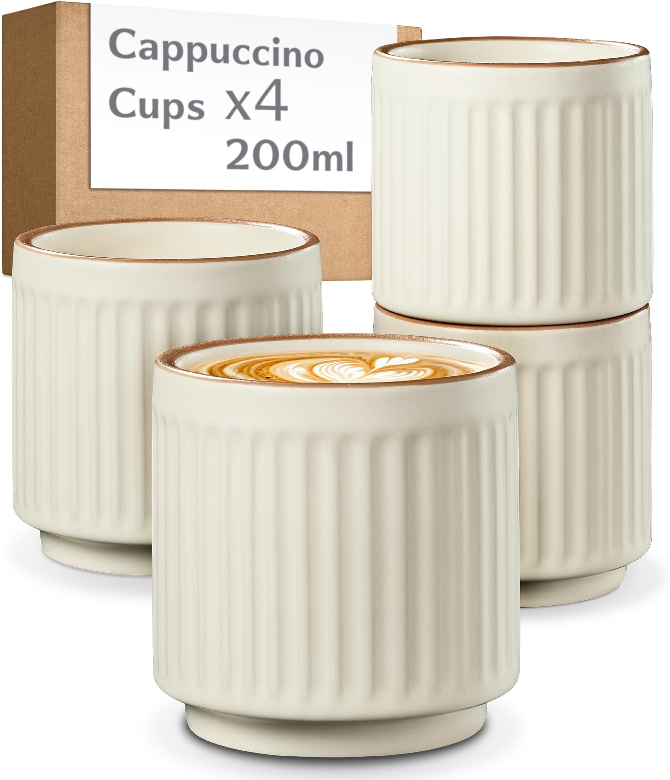 Cosumy Tasse Kaffeetassen Set 4 St. vertikal stapelbar Keramik - Rillenoptik, 4-tlg., Keramik, Vertikal stapelbar, platzsparend, dickwandige Keramik mit Rillenoptik