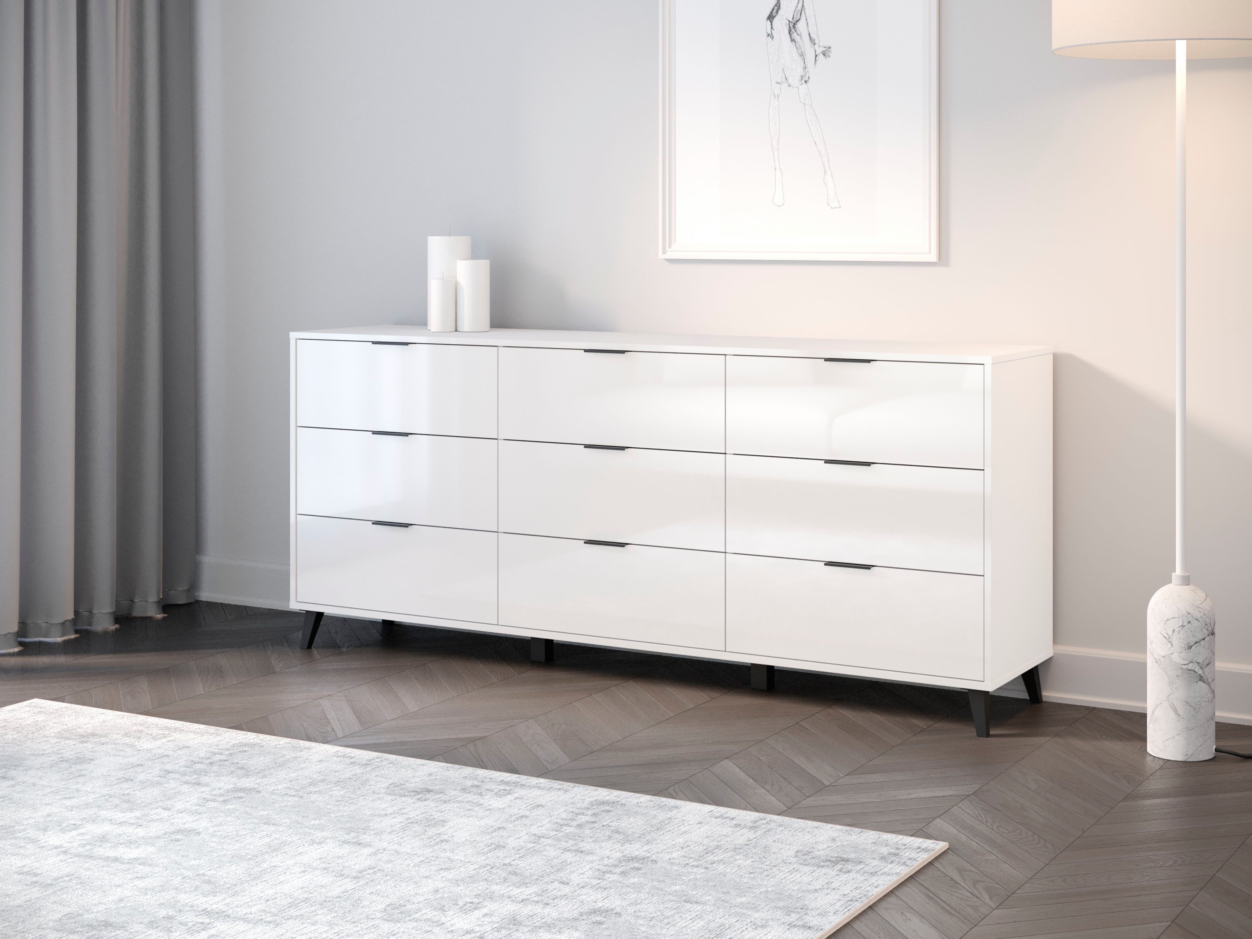 OTTO home Sideboard Oslo, B/H/T: 180/76/39,5 cm, 9 Schubladen, schwarze Metallgriffe, viel Stauraum
