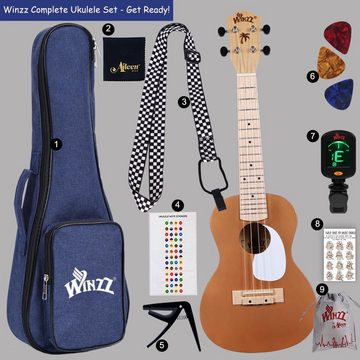 Winzz Konzertgitarre Ukulele Anfänger Set mit 9 Zubehör, Exquisites Design, Aquila Saiten,Marineblaue Tasche für Musikliebhaber