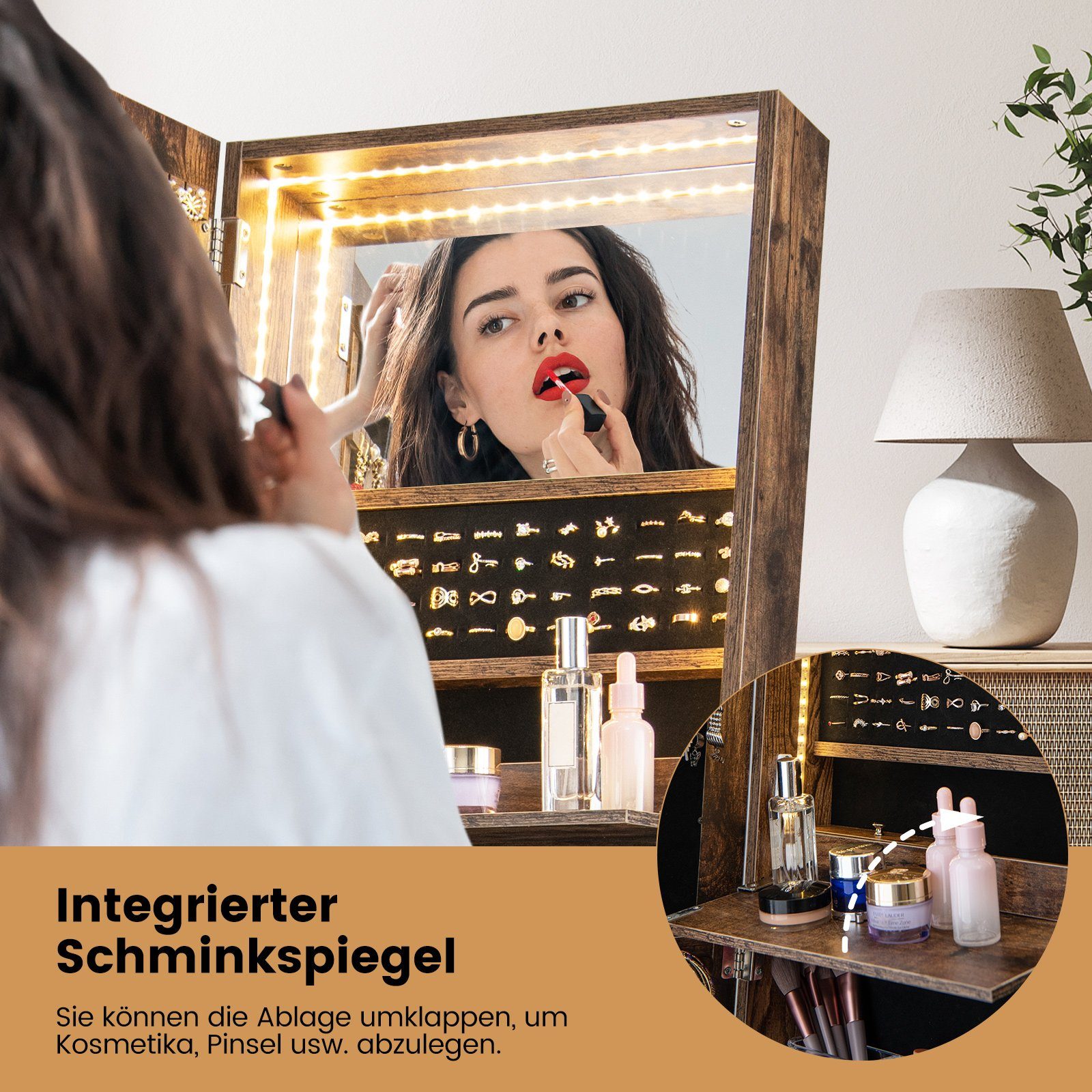 COSTWAY Schmuckschrank mit Spiegel, LED & abschließbarer Tür, stehend,braun