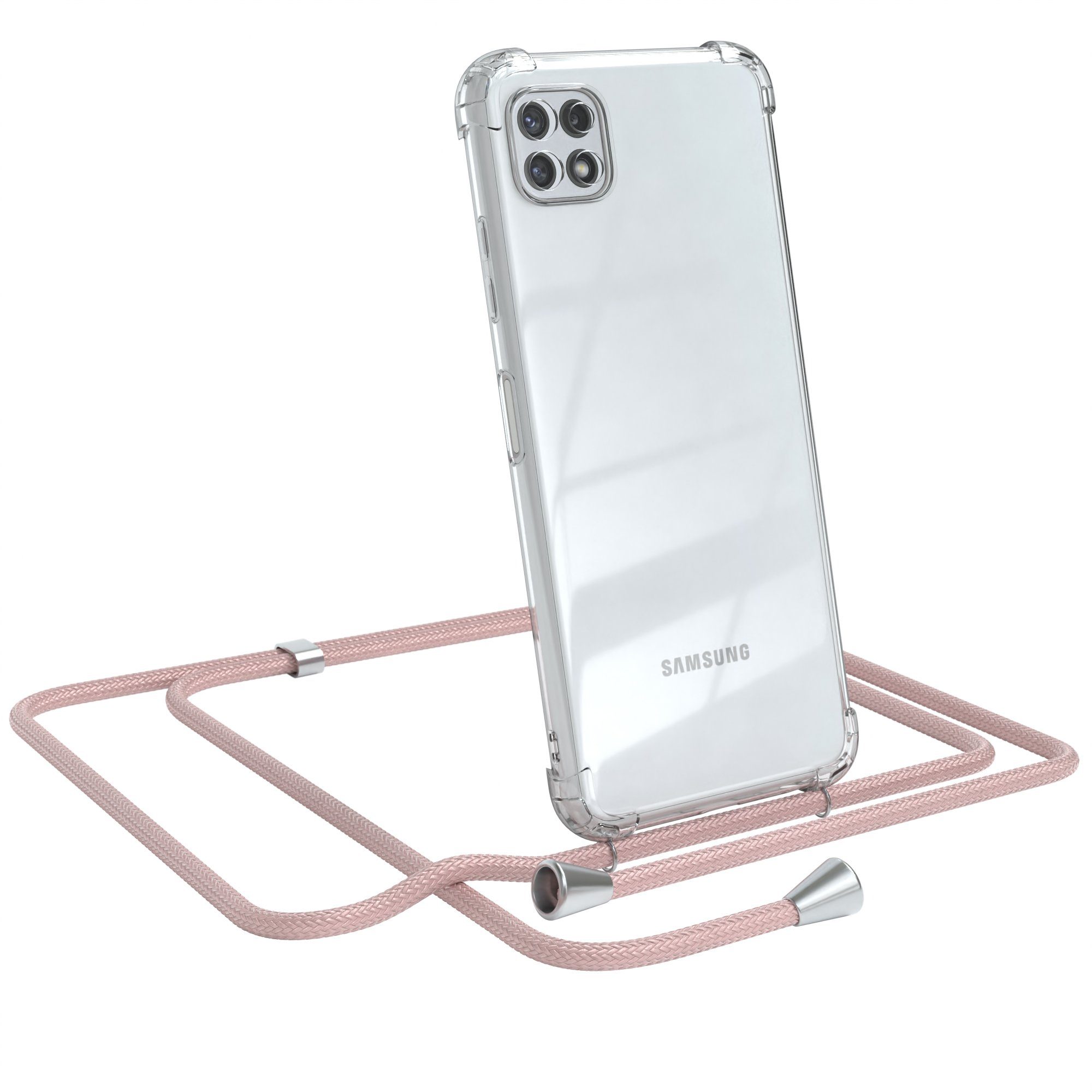 EAZY CASE Handykette Hülle mit Kette für Samsung Galaxy A22 5G 6,6 Zoll, Slimcover Festival Hülle Band Handyketten Umhängehülle Altrosa Rosé
