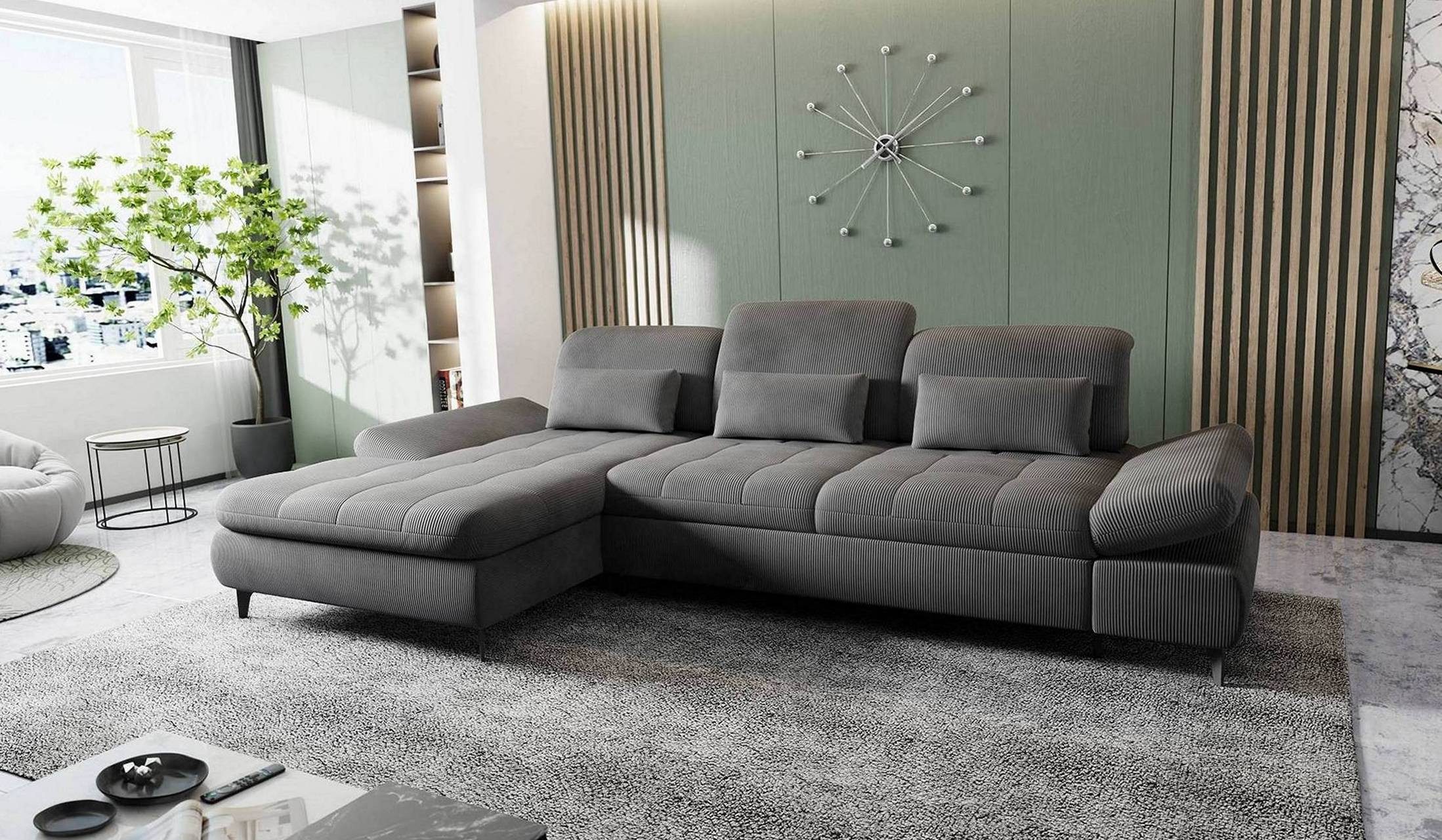 Hygger Möbelhaus Ecksofa Nola L-Form mit Bettfunktion & Stauraum, modern & gemütlich, Inklusive Sitztiefenverstellung, Kopfteil- & Armteilverstellung, 3 Nierenkissen. Versandkostenfrei innerhalb Deutschlands