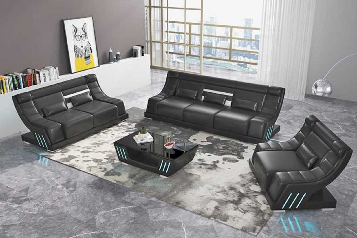 Luxus Schwarz Modern Made Sofa in Nur Europe Kunstleder Couchgarnitur + 321, (3-St., Sofa Sessel), Komplette Wohnzimmer-Set Sitzer JVmoebel 2+3