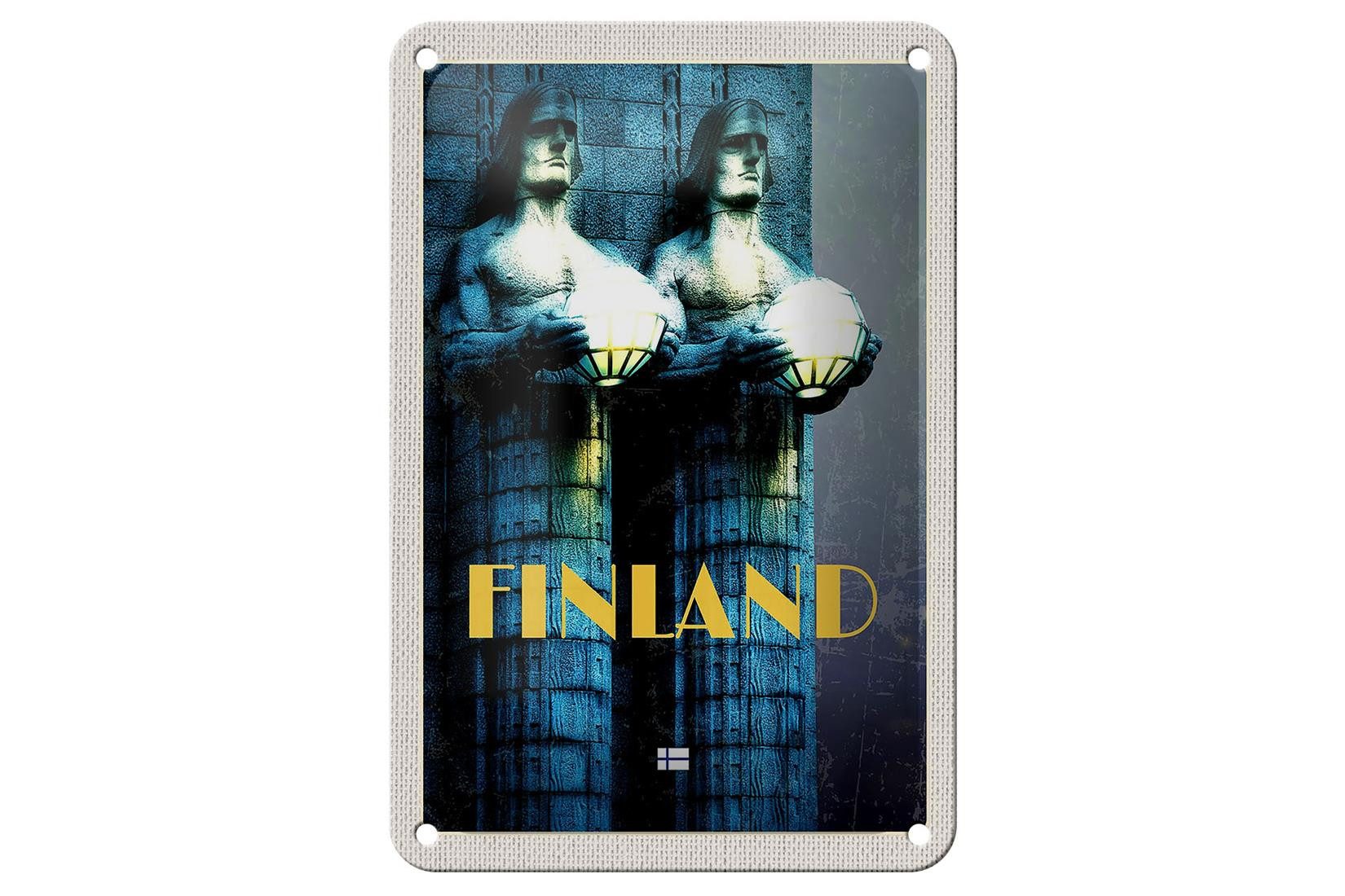 Femer GmbH Metallschild Reise 12x18cm Finnland Skulptur Männer Mittelalter Schild, (1 St), gewölbte Oberfläche, abgerundete Ecken, umgeschlagene Kanten