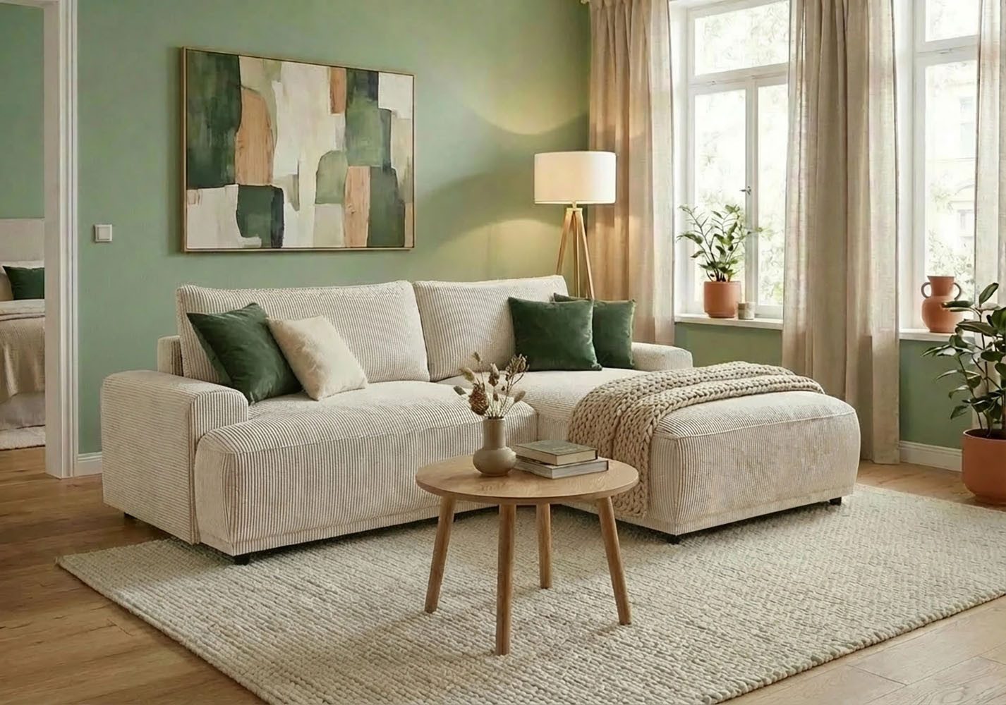 TRENDMANUFAKTUR Ecksofa Fordon, Schlafsofa mit Bettkasten, Couch in L-Form, Breite 250 cm, in Cordstoff HYPER, cream, Recamiere rechts