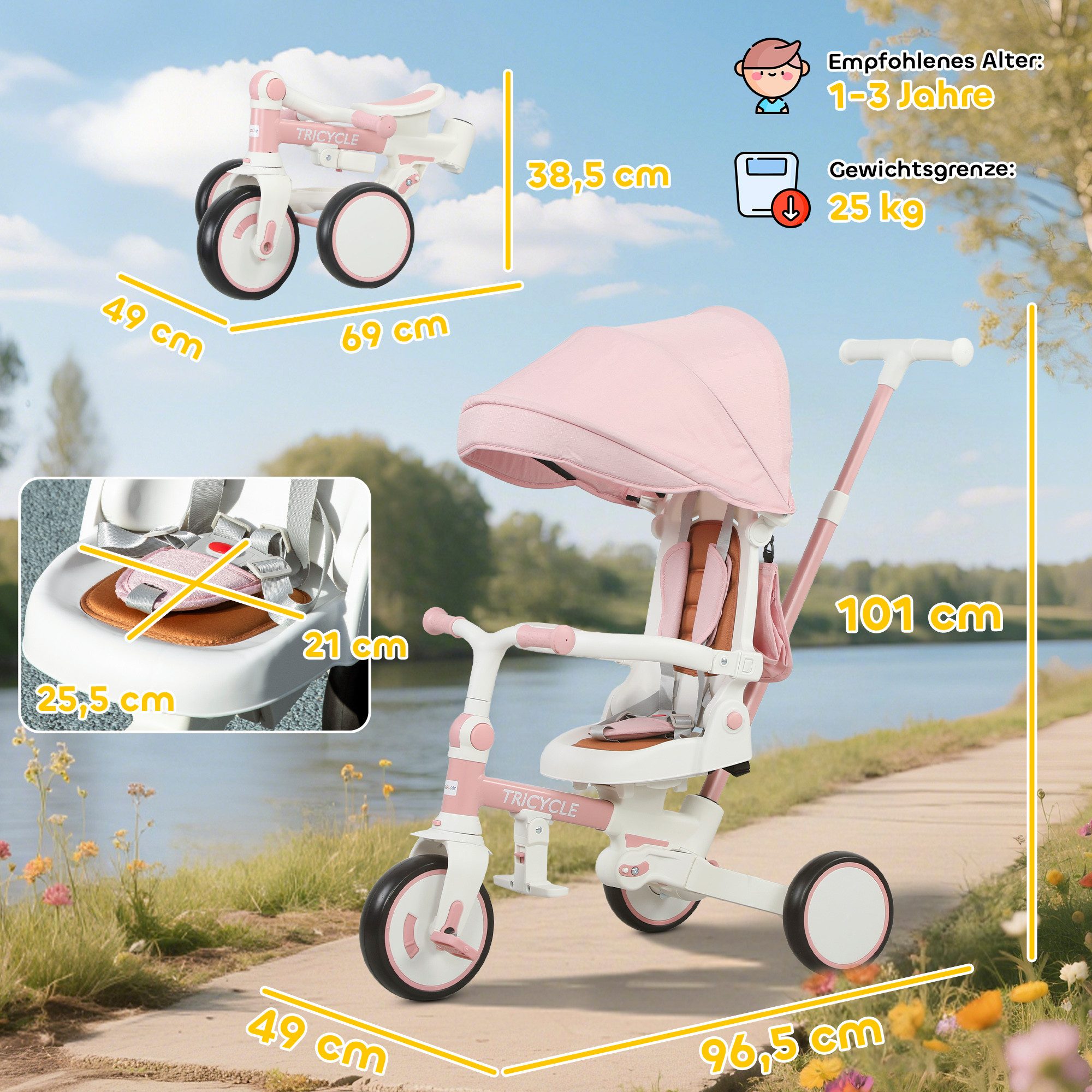 AIYAPLAY Dreirad mit reversiblem Sitz, Fußstütze, ausziehbar Sonnendach, für 1-3 Jahre Rosa