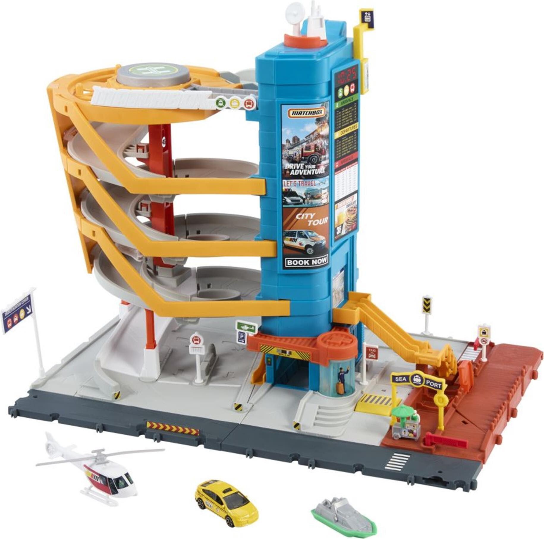 MATCHBOX Modellauto Action Drivers Transport-Center mit Taxi, Boot und Hubschrauber im Maß, Maßstab 1:64, 5 Etagen, Aufzug, Landeplatz, Hafen