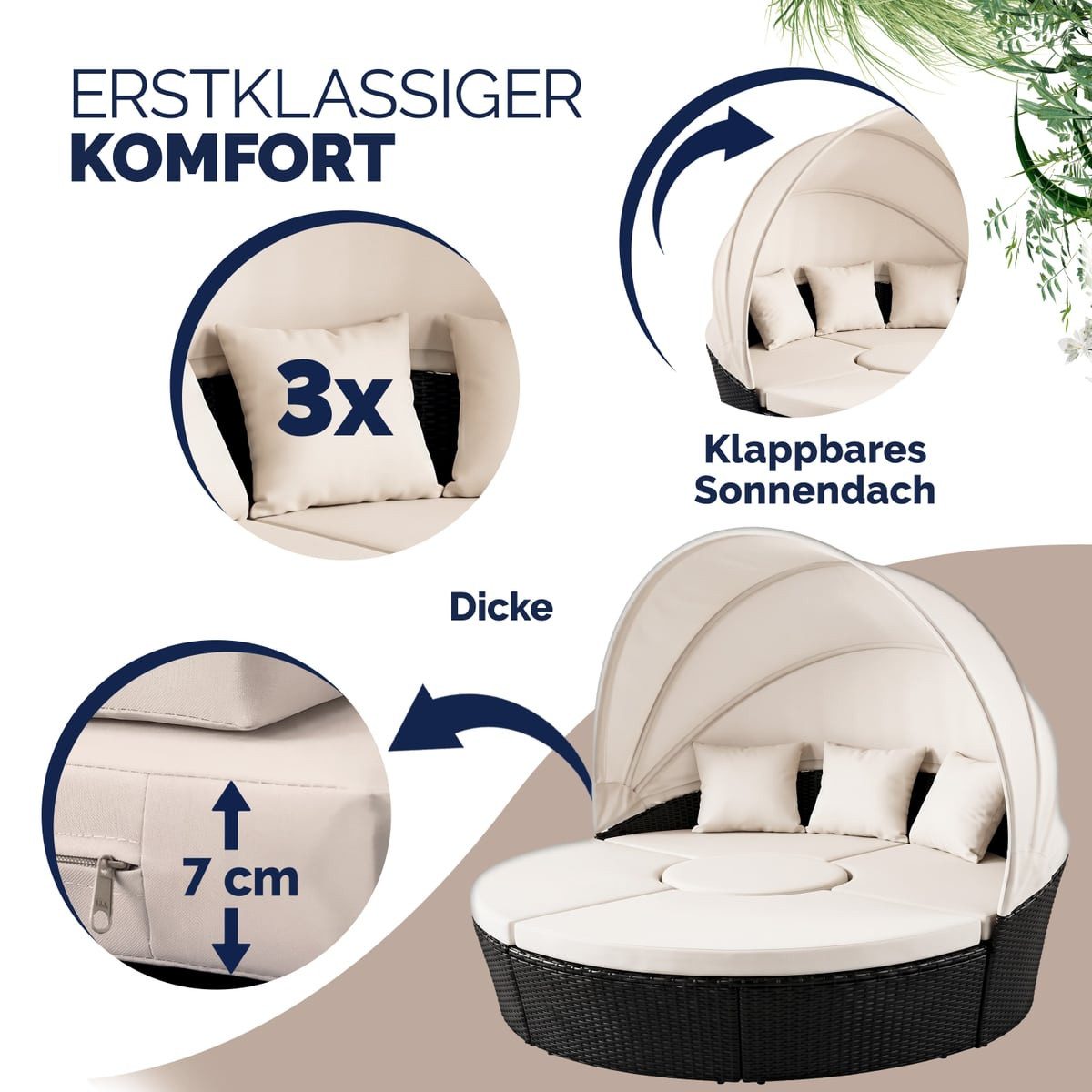 Casaria Sonneninsel Schwarz, 185cm Sonnenliege Polyrattan mit Tisch Wetterfest Kissen Gartenliege