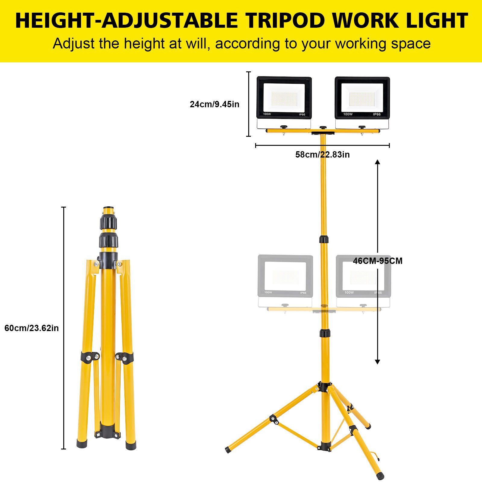 Ophy Arbeitsleuchte Stabile LED Arbeitsleuchte mit höhenverstellbarem Stativ, 200W, 3 Leuchtköpfe, IP66 wasserdicht – für Baustelle, Werkstatt & Garage