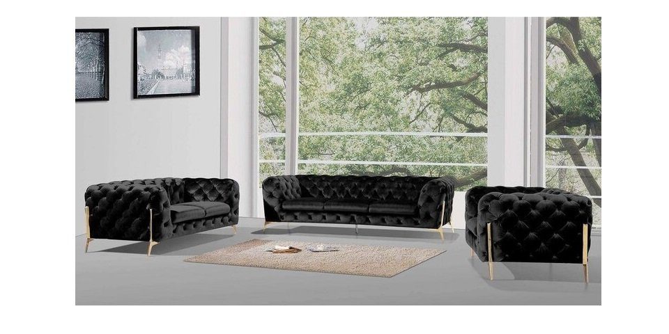 S-Style Möbel Polstergarnitur Chesterfield Ashley Polstergarnitur 3+2+1 mit Goldene Metall Füßen, (1x 3-Sitzer-Sofa, 1x 2-Sitzer-Sofa, 1x Sessel), mit Wellenfederung Schwarz