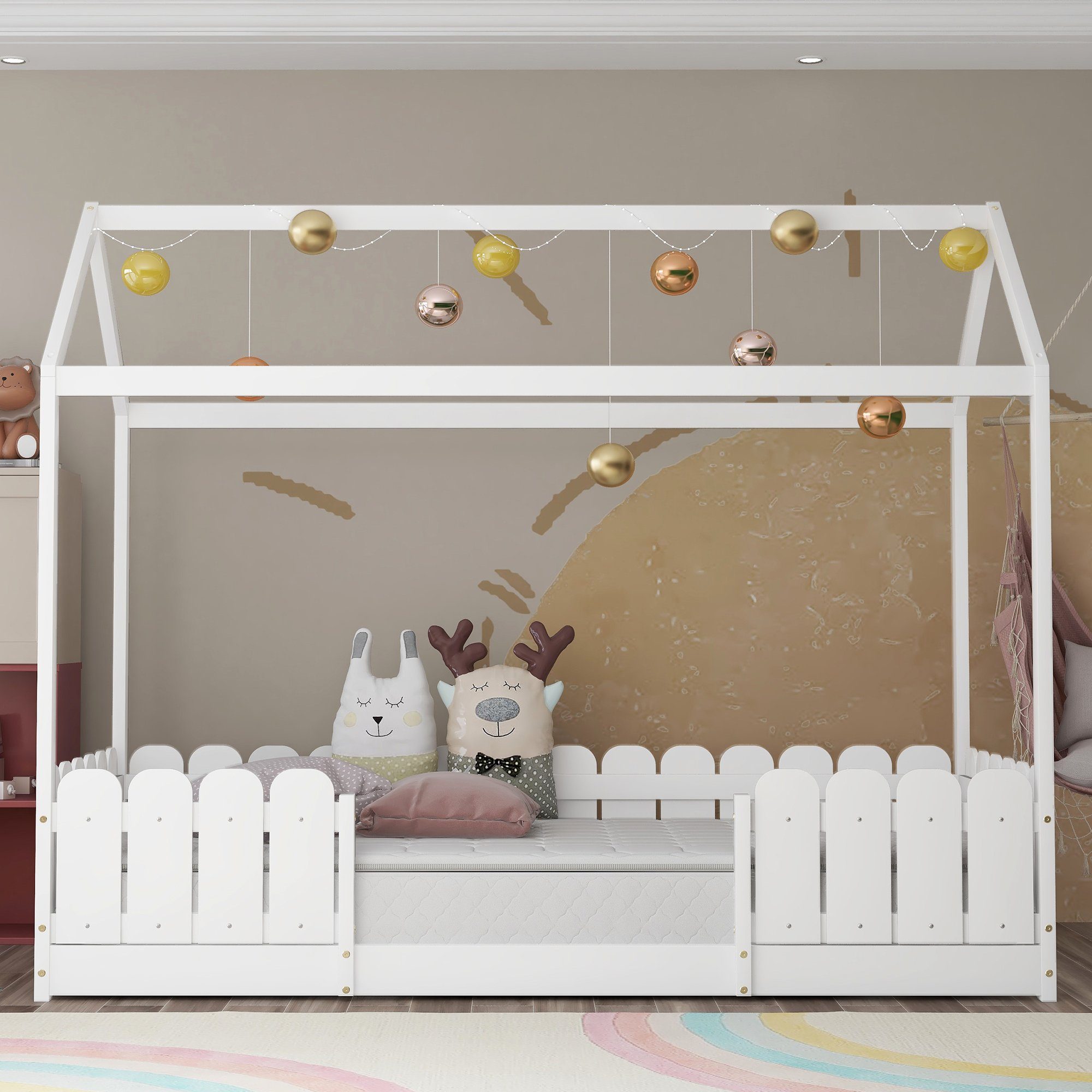Kinderbett (Hausbett für Kinder, Mädchen und Jungen), Kinderbett 90 x 200 cm mit Rausfallschutz und Lattenrost